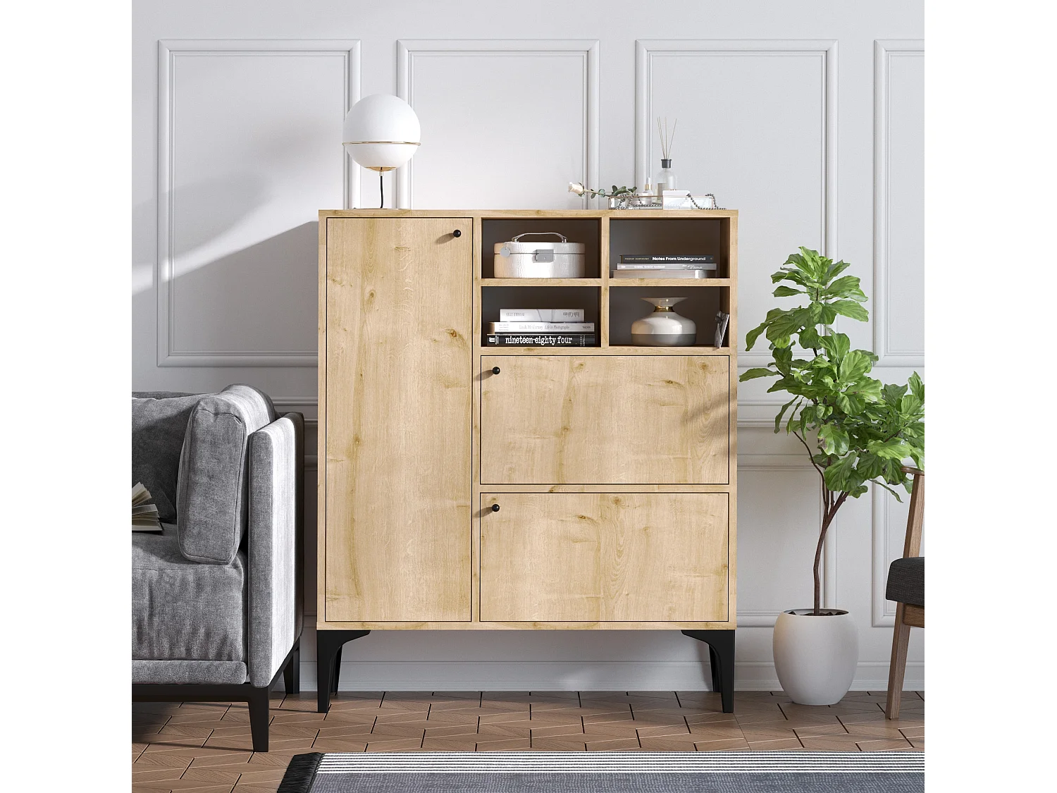 Bufet drewniany „Ewa” 100x35x125 cm Dąb Szafir – 3 Drzwi, 4 Półki, Styl Tradycyjny i Skandynawski 4831535