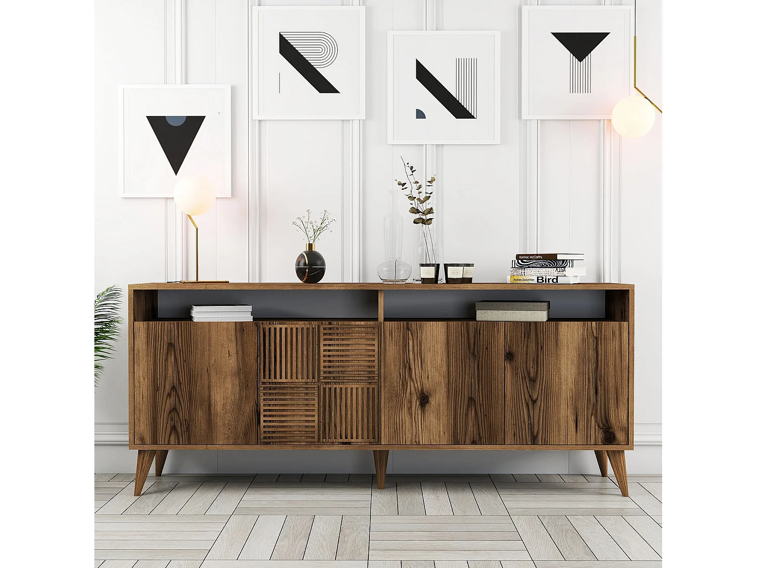 Drewniany Bufet "Milan" - 180 x 35 x 78 cm - Orzech, 4 Drzwi 4831555 - obrazek 1