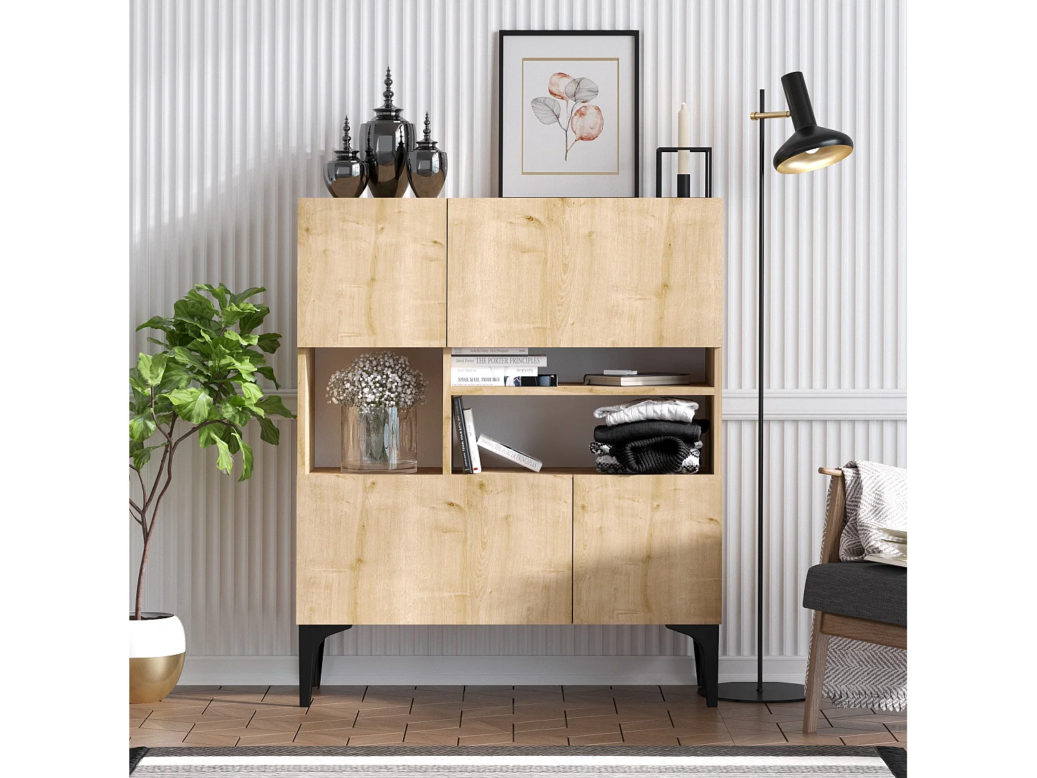 Bufet drewniany Krista 100x35x125 cm Dąb Saphir 4 drzwi 3 półki styl skandynawsko-industrialny 4831576