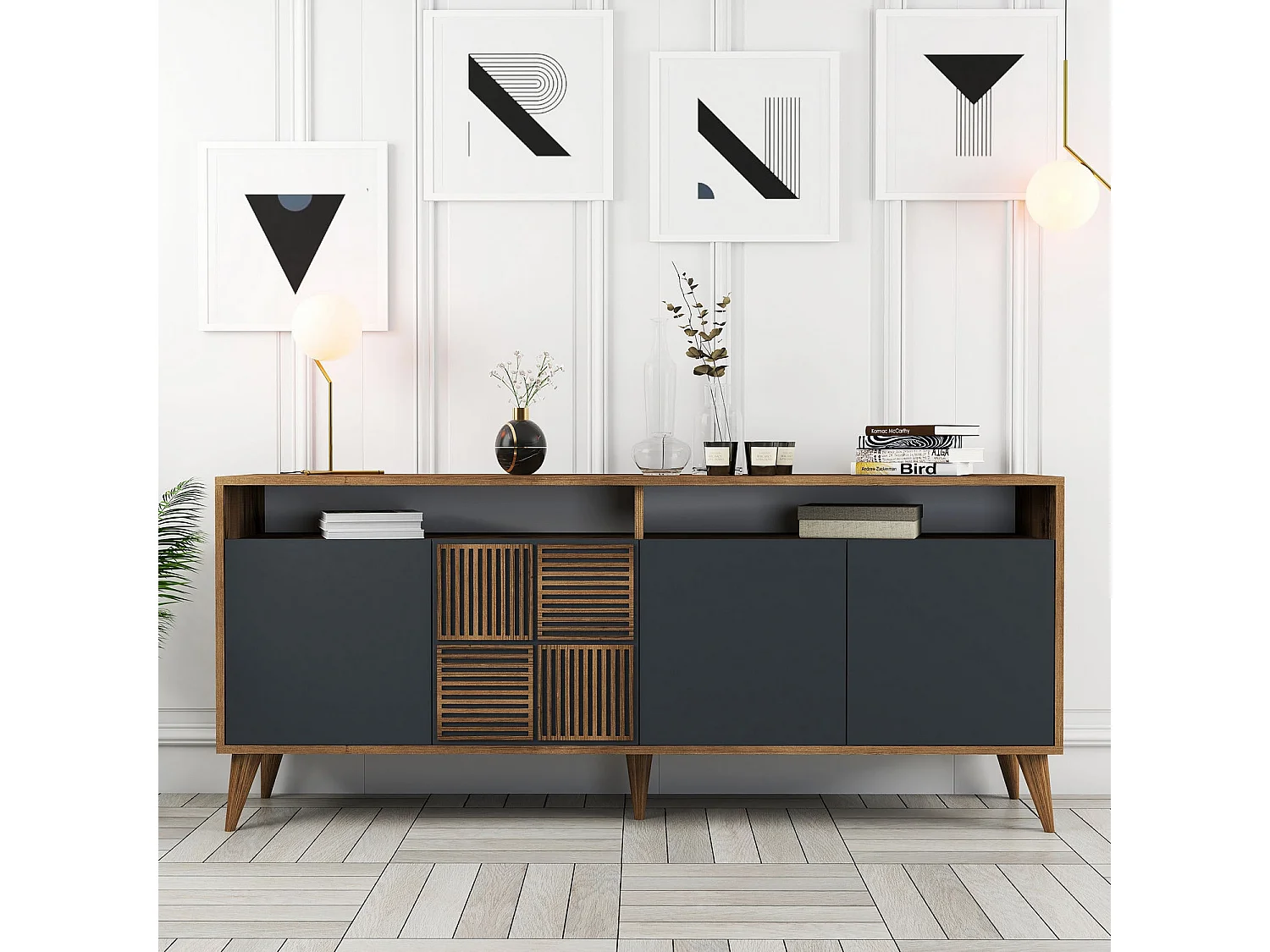Bufet drewniany „Milan” 180 cm Orzech Antracyt 4 drzwi – Solidny i praktyczny design 4831577