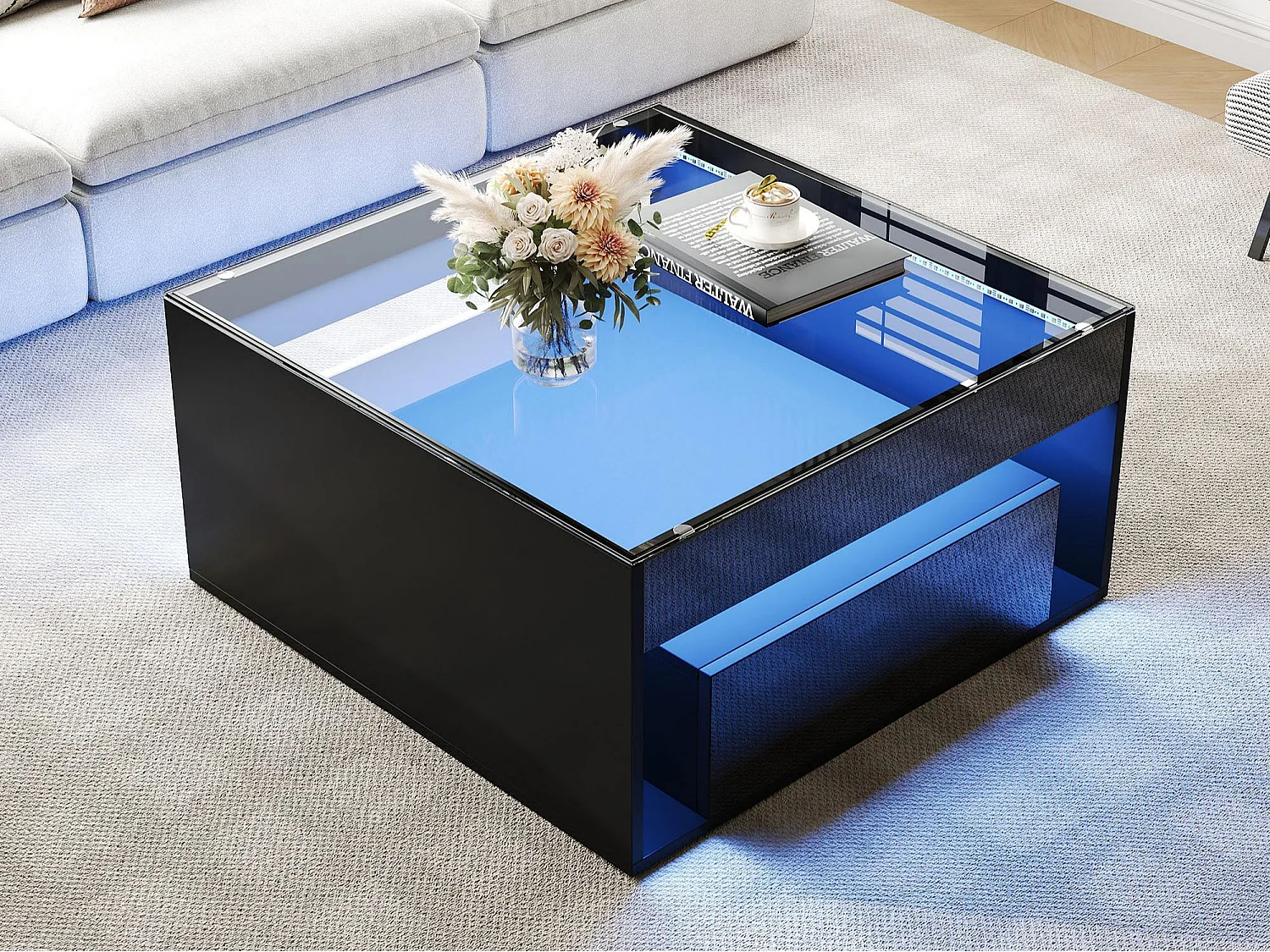 Błyszczący stolik kawowy 70x70x35 cm – Z oświetleniem LED – 1 szuflada – Otwarta półka – Blat hartowanego szkła – MDF – Czarny 4832199