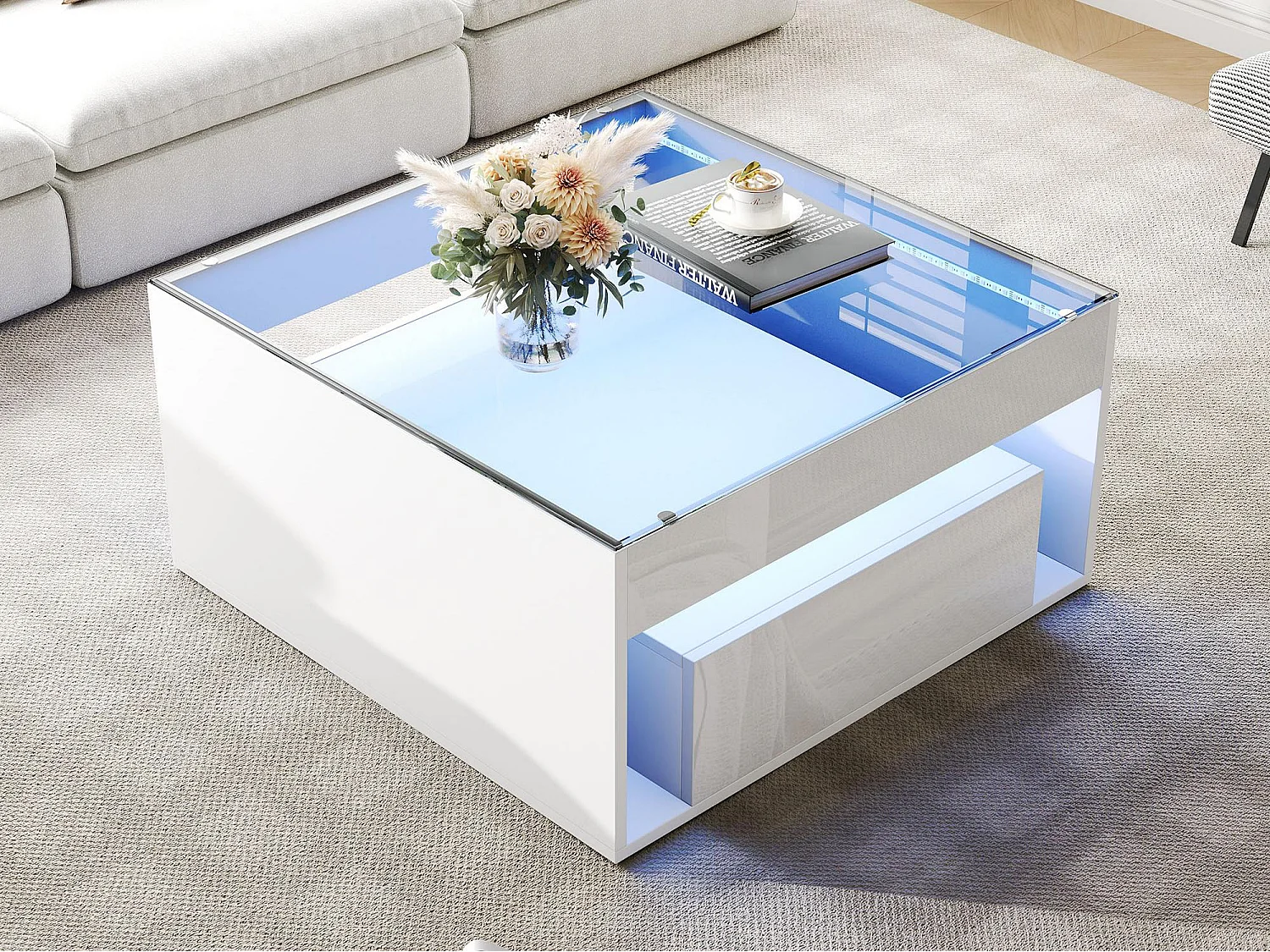 Błyszczący stolik kawowy 70x70x35 cm – Z oświetleniem LED – 1 szuflada – Otwarta półka – Blat hartowanego szkła – MDF – Biały 4832224