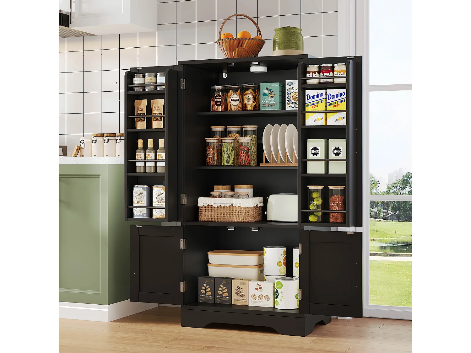Bufet kuchenny 60x40x120 cm – z czujnikiem światła LED – z 4 drzwiami – z półkami – Czarny 4711203
