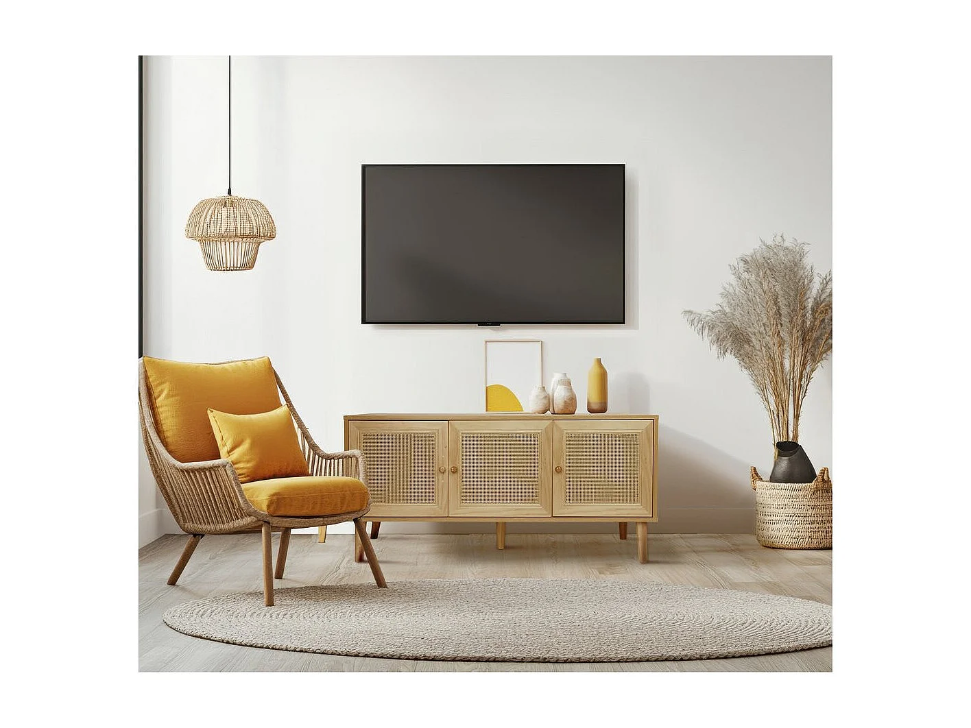 Bufet „Neuille” w Stylu Cannage – 120 x 40 x 71,5 cm – Beżowy, 3 Drzwi, 5 Nóg 3511040