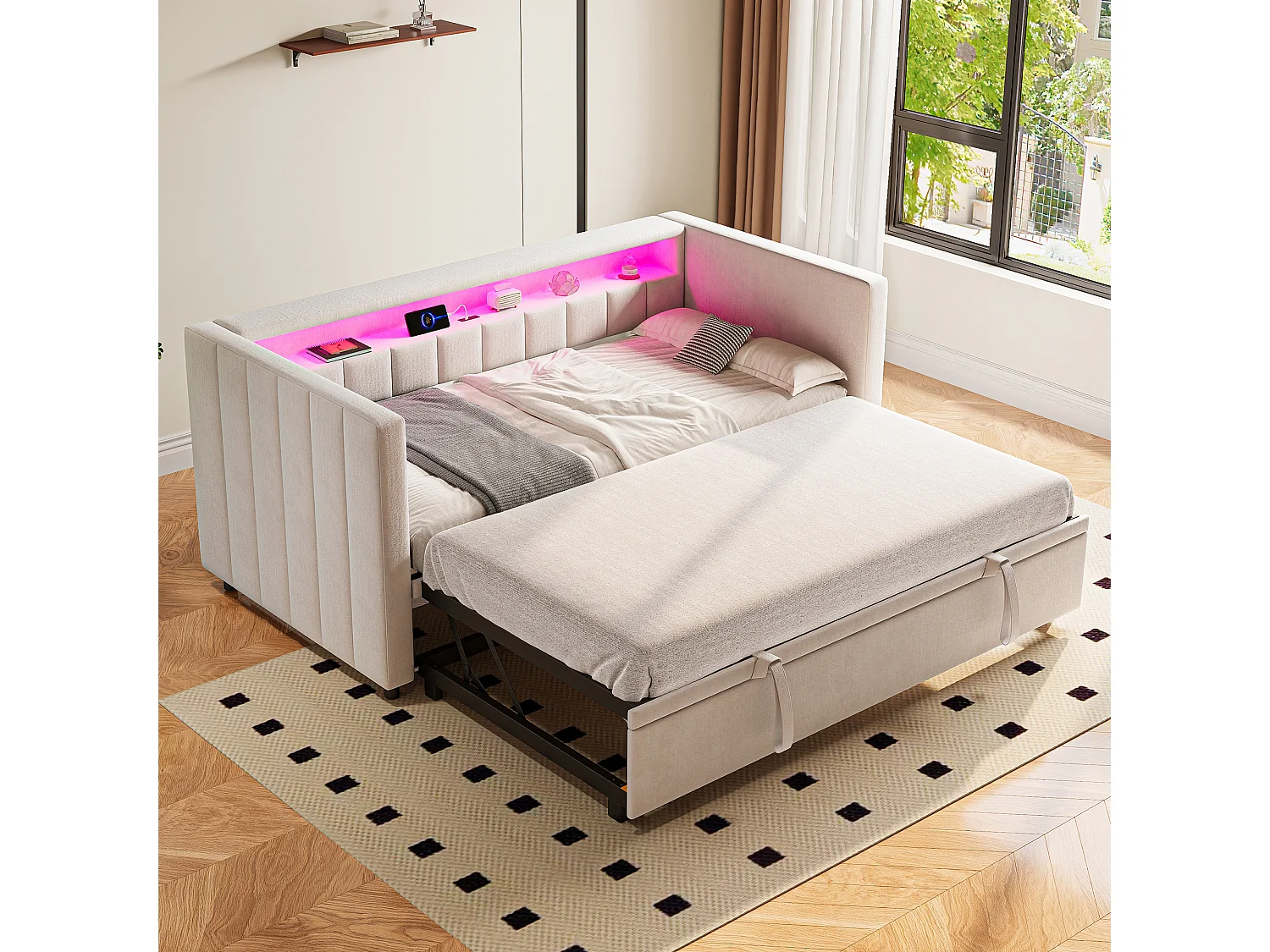 Łóżeczko dziecięce 90×190 cm – z USB typu C, LED – aksamit – beżowe – bez materaca 4836559