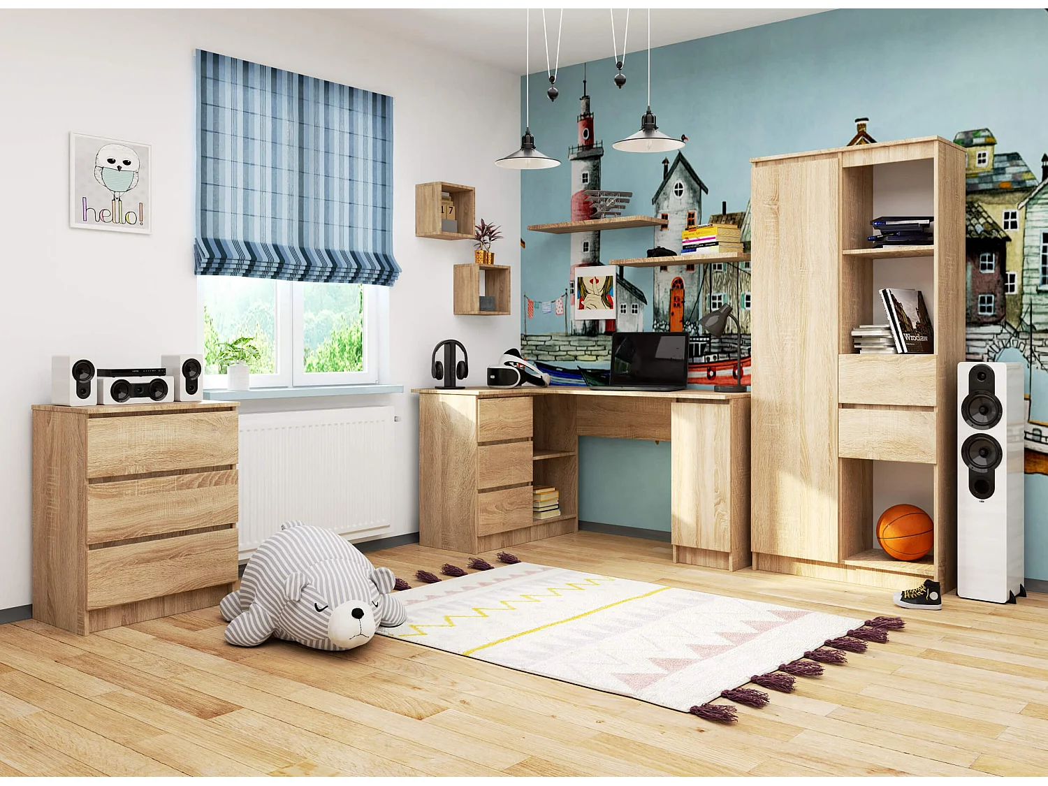 Biurko narożne AKORD B20 Dąb Sonoma 155 cm lewe 1 drzwi 3 szuflady kolor Dąb Sonoma mat 4 półki 155x85x77 cm 1871003 - obrazek 1