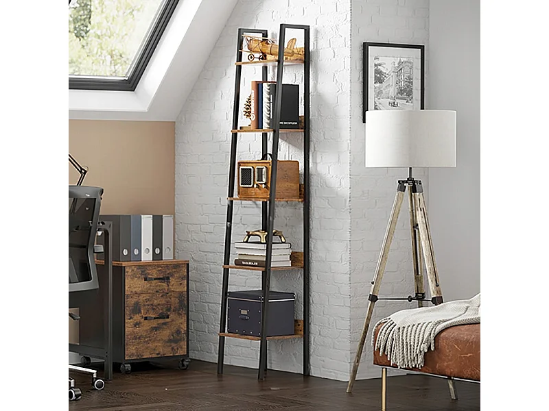 Industrialny regał stojący czarny 5 półek drabinka na książki loft modern 4579632