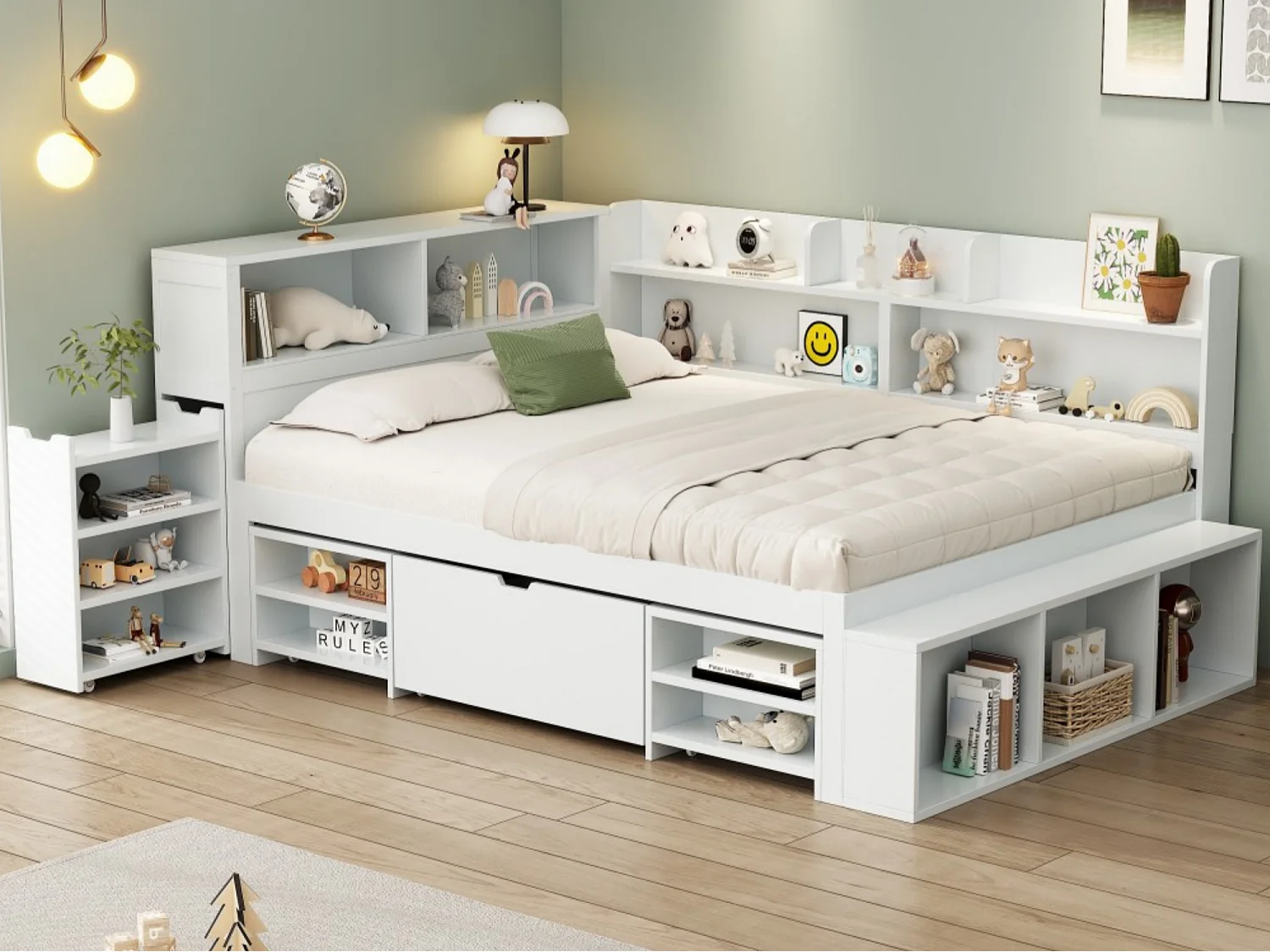 Łóżko 140x190cm z MDF - z szufladami i półkami - z małą zdejmowaną biblioteczką - z stelażem lamelowym - Biały​ (bez materaca) 4839050 - obrazek 1