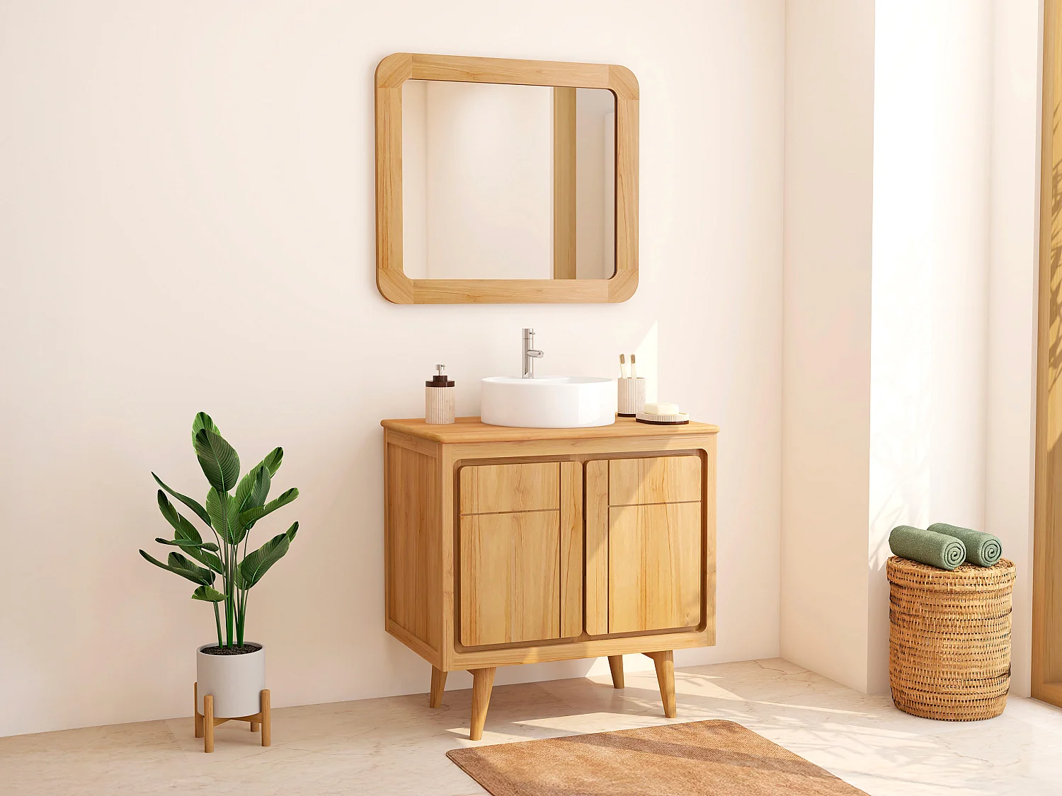 Szafka łazienkowa stojąca z drewna tekowego z okrągłą umywalką nablatową ceramiczną – 80 cm – BINTUNI 4839652