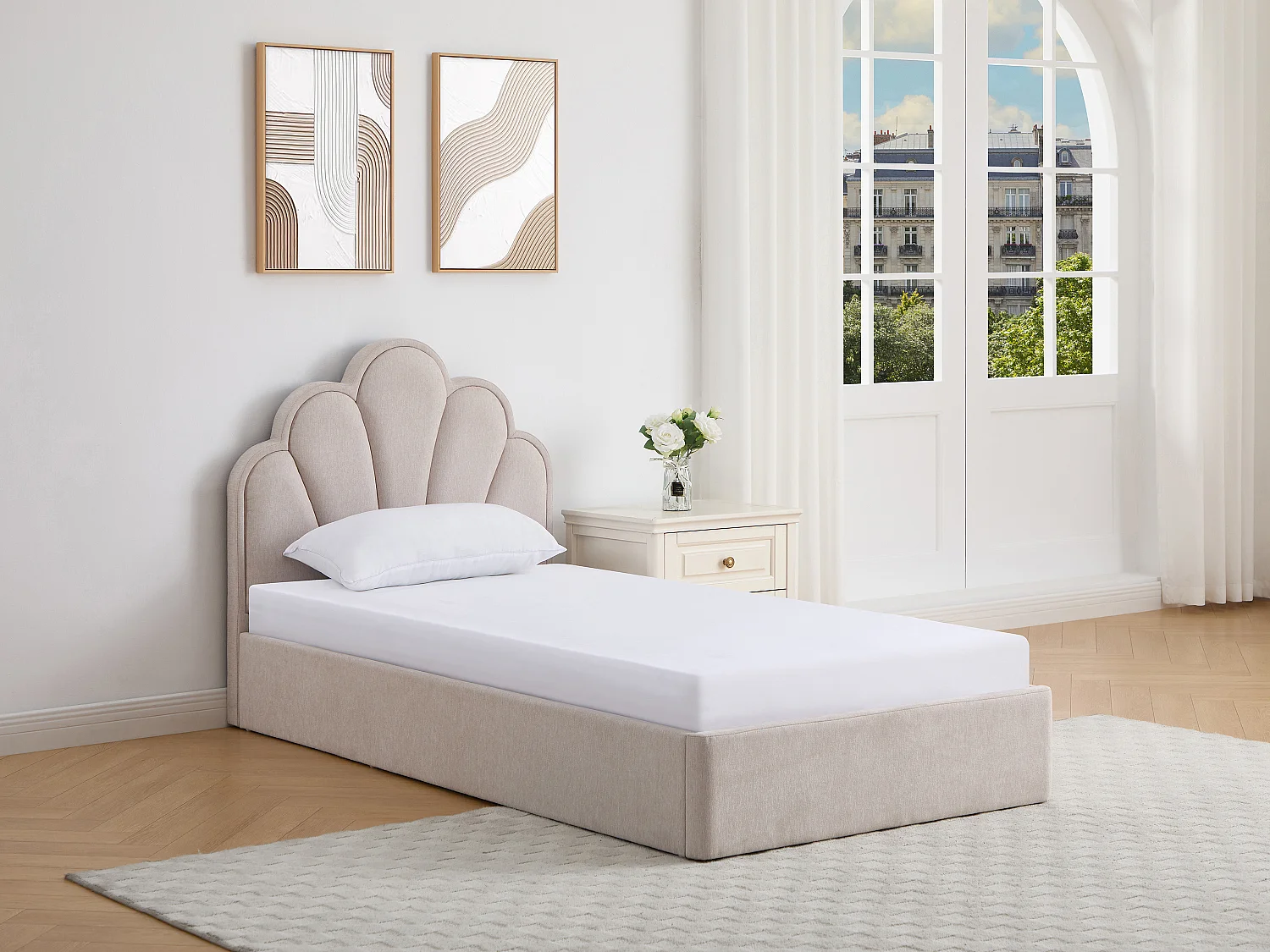 Łóżko muszla ze skrzynią 90 x 190 cm – Tkanina – Beżowy + Materac - CORALUNO 4844952 - obrazek 1