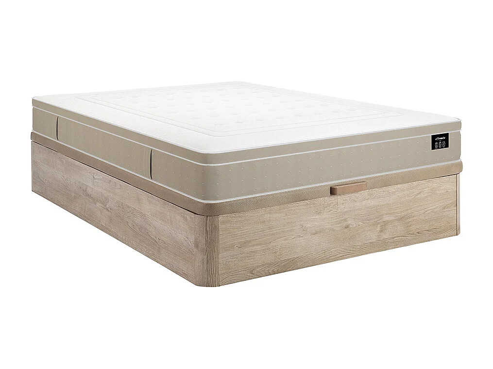 Zestaw 160 x 200 cm jasny naturalny stelaż ze skrzynią + materac hybrydowy z 7-strefowymi kieszeniowymi sprężynami i żelem z pamięcią kształtu gr. 28 cm – CIREVA od YSMÉE 4845340