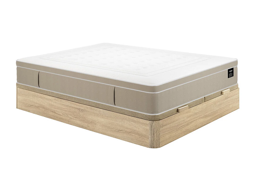 Zestaw 180 x 200 cm ze skrzynią na pościel jasny naturalny + materac hybrydowy z 7 strefami kieszeniowymi i żelem termoelastycznym gr.28cm – CIREVA od YSMÉE 4845343