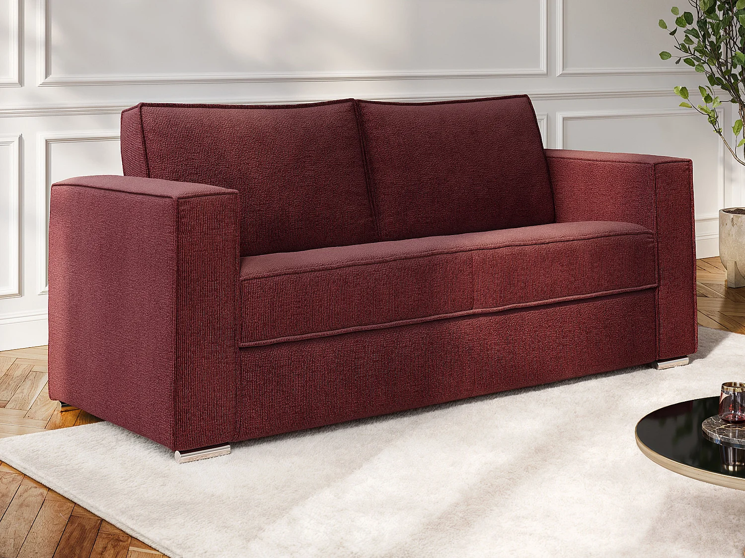Kanapa 3-osobowa rozkładana typu express z tkaniny szenilowej w kolorze bordowym – Powierzchnia spania 140 cm – Materac 22 cm z pamięcią kształtu LORETO 4406951