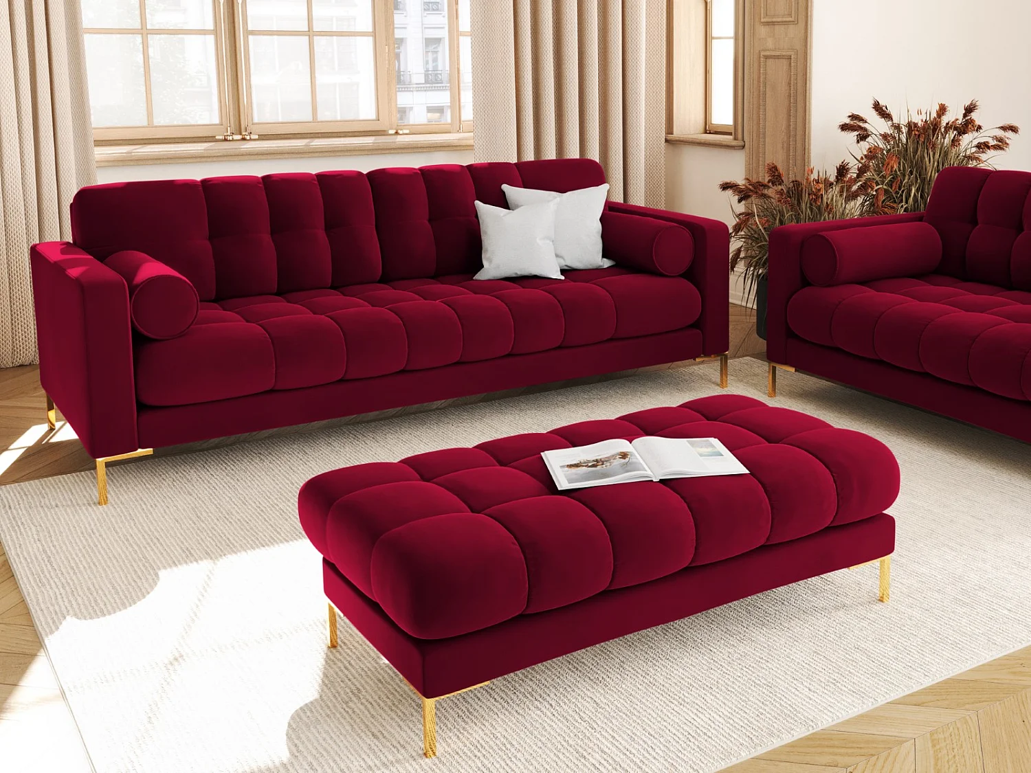 Cosmopolitan Design - Sofa, "Bali" 4 miejsca welur, czerwony - 217x92x75cm 3745506 - obrazek 1