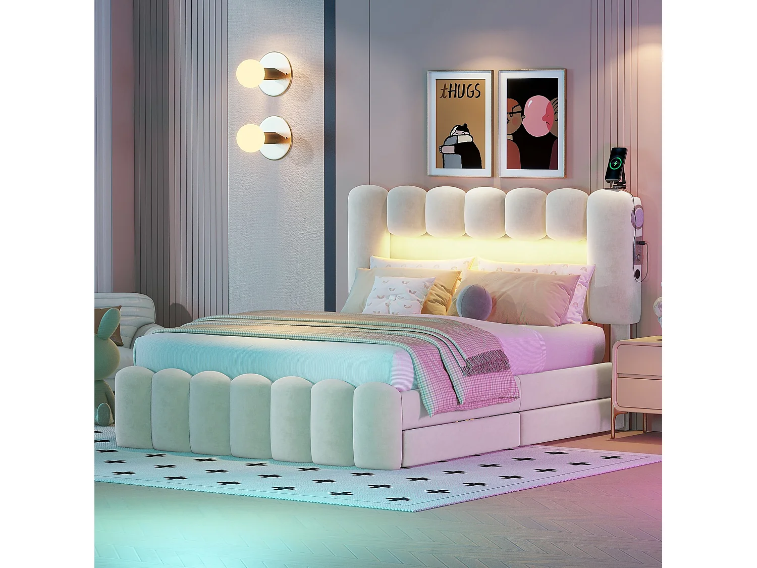 Łóżko 140 x 200 cm z 4 szufladami – LED i USB – Aksamitne – Beżowe 1864899