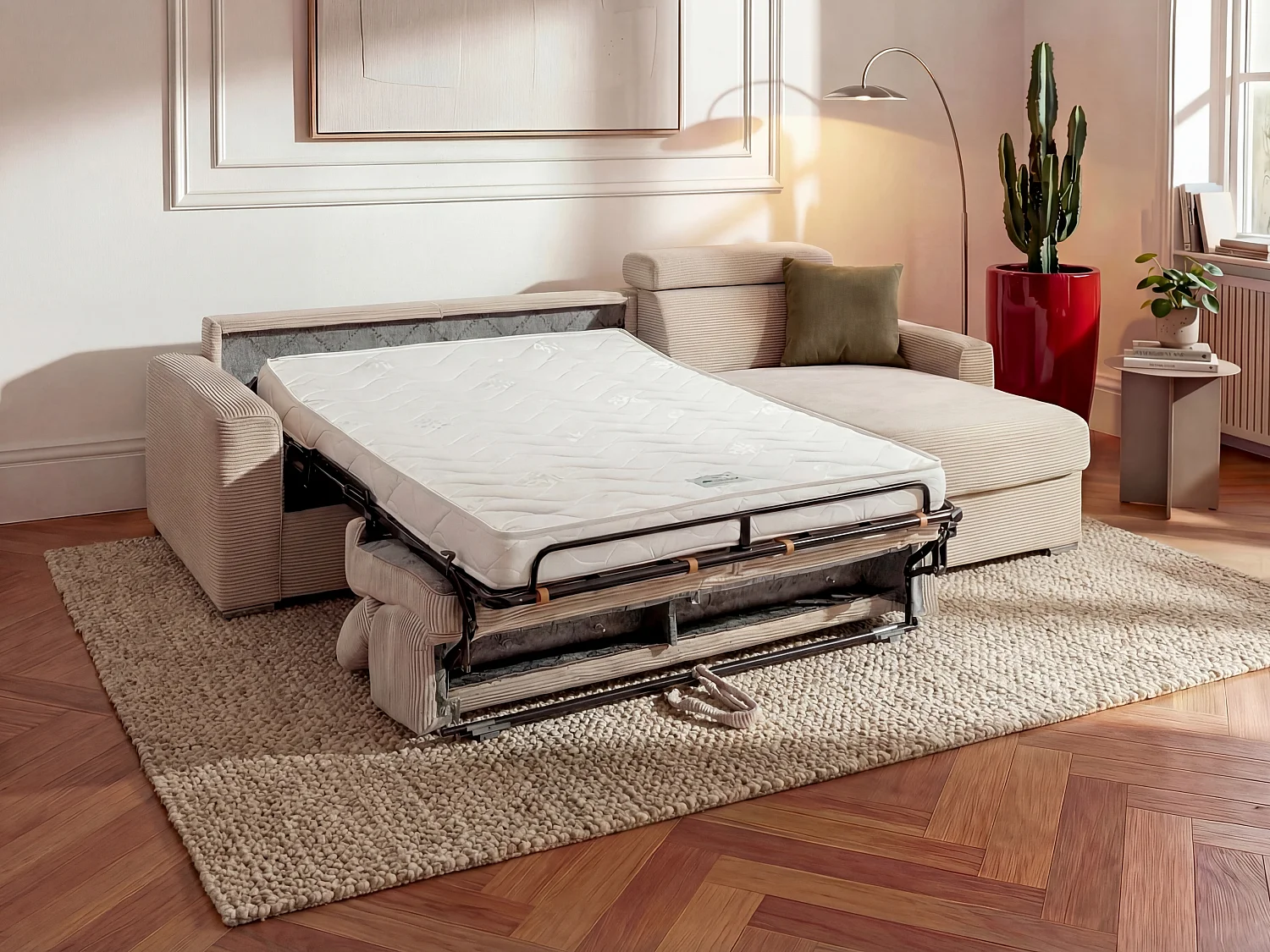 Kanapa narożna dwustronna rozkładana typu express z beżowego sztruksu - Miejsce do spania 140 cm - Materac 18 cm - VIZIR 1650759 - obrazek 1