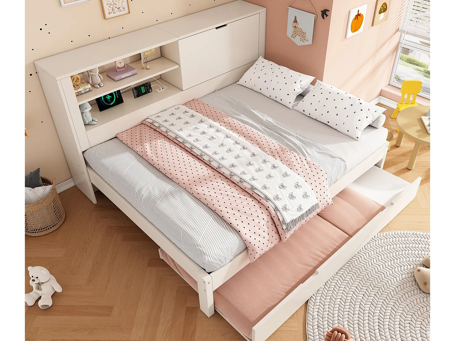 Kanapa rozkładana 140x190cm - z łóżkiem chowanym - z USB/Type-C - z 1 drzwiami i przegródką do przechowywania - biały​ (materac nie jest wliczony w cenę) 4853491 - obrazek 1