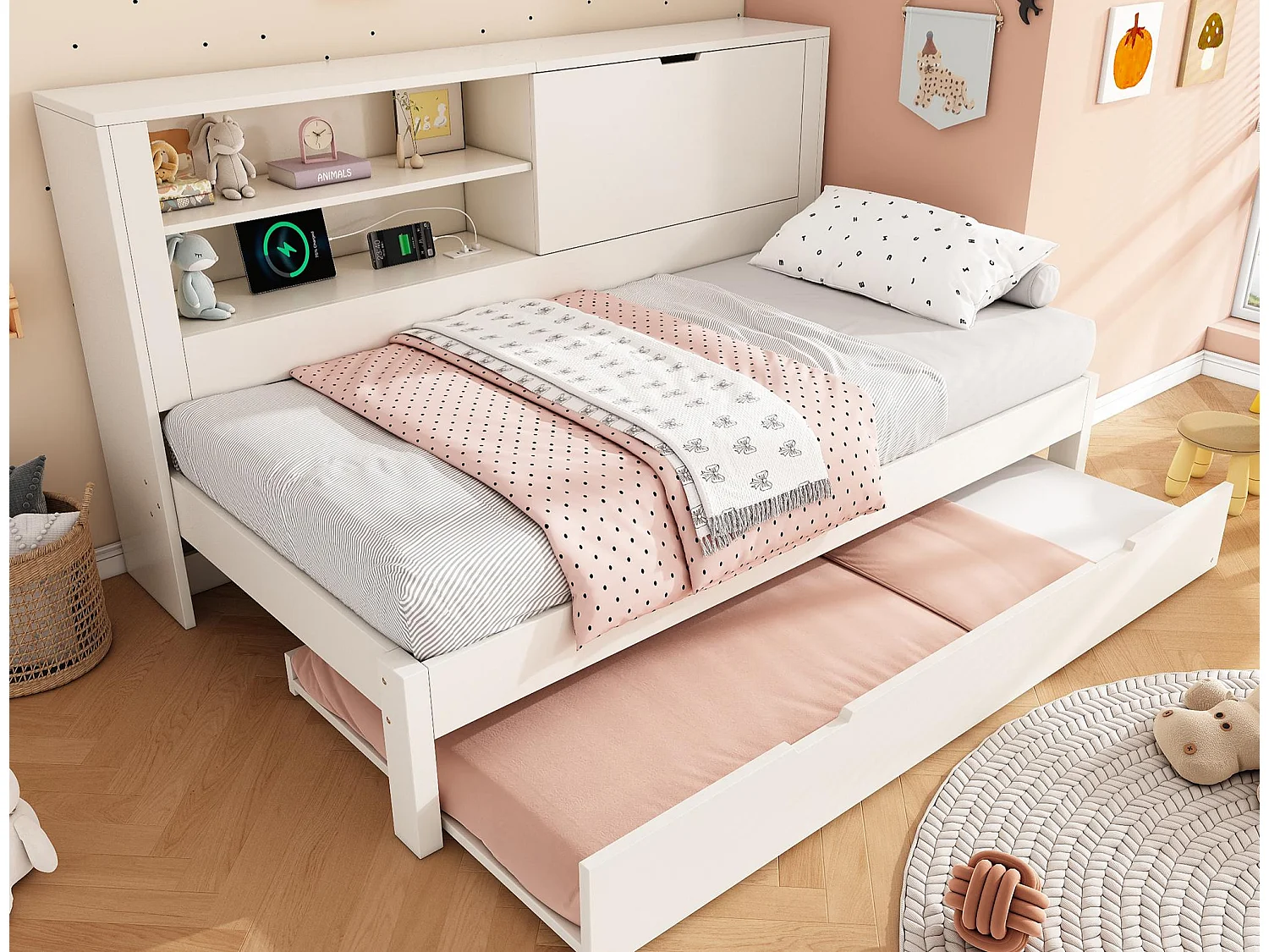 Kanapa rozkładana 90x190cm - z łóżkiem chowanym - z USB/Type-C - z 1 drzwiami i przegródką do przechowywania - biały​ (materac nie jest wliczony w cenę) 4853500 - obrazek 1