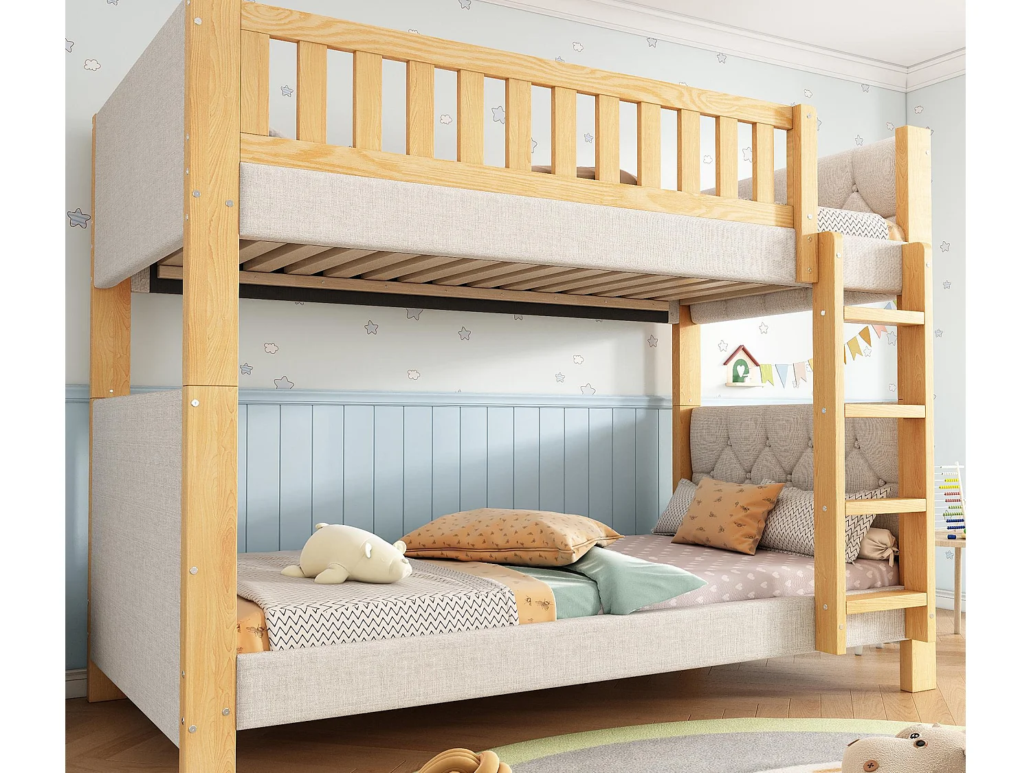 Łóżka piętrowe dla dzieci 90x200cm – tapicerowany zagłówek – z 4-stopniową drabiną – drewno hevea + MDF – Naturalny+Szary​ (bez materaca) 4853540