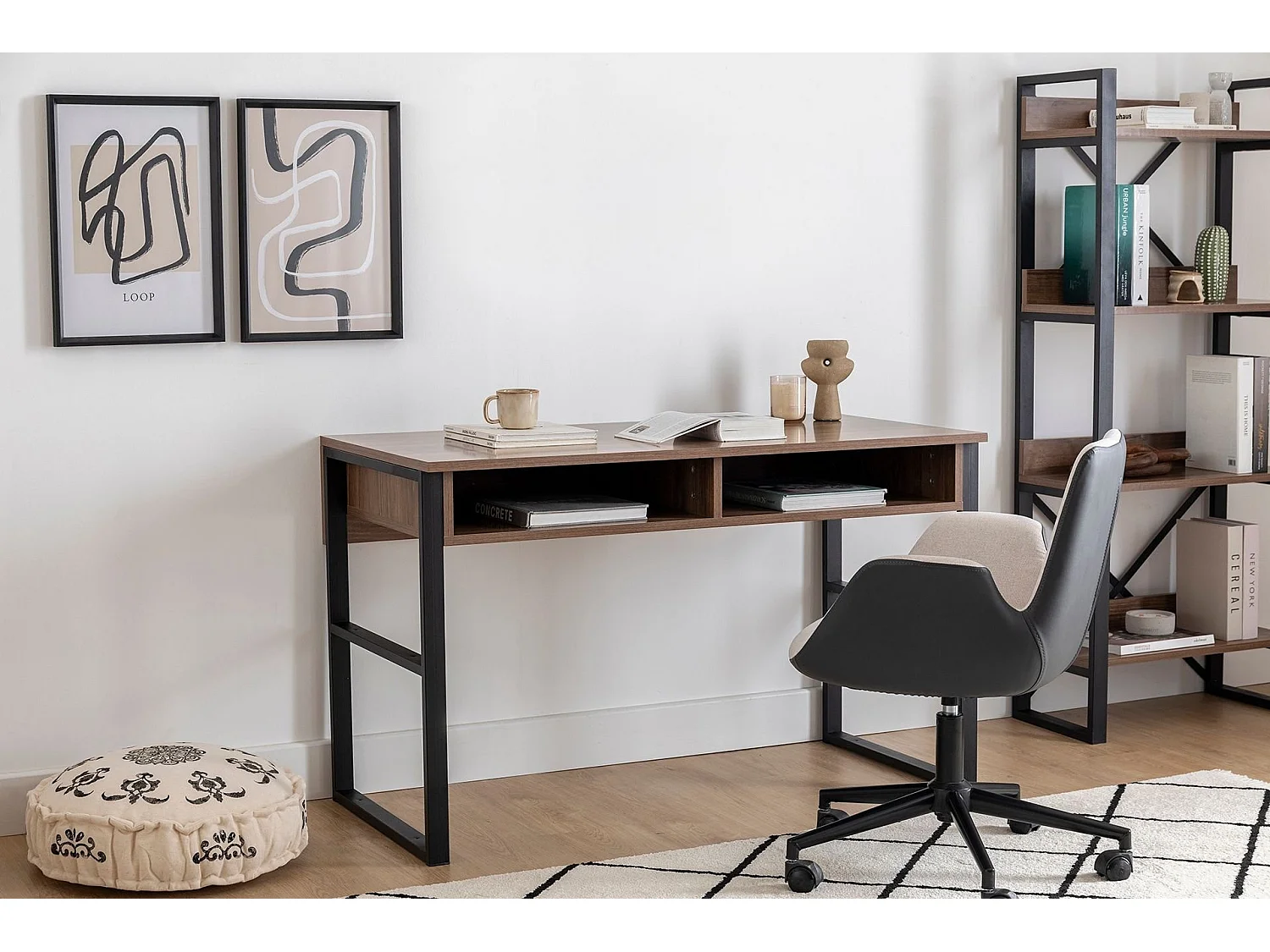 Biurko drewniane Nove 120x60x75 cm z orzecha z 2 półkami, stały design i wbudowane przechowywanie 4858691 - obrazek 1