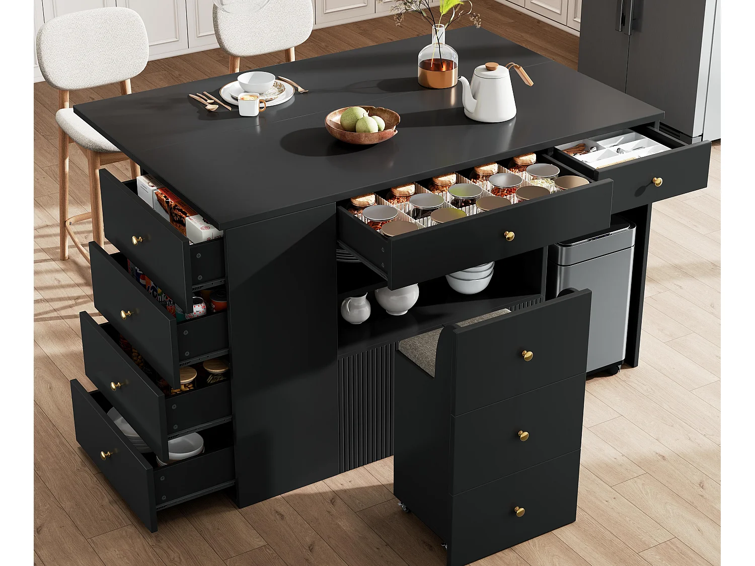 Centralna wyspa kuchenna - Blat rozsuwany - 140x70x89cm - 3 drzwi i 6 szuflad - z taboretami - MDF - Czarny 4860530 - obrazek 1