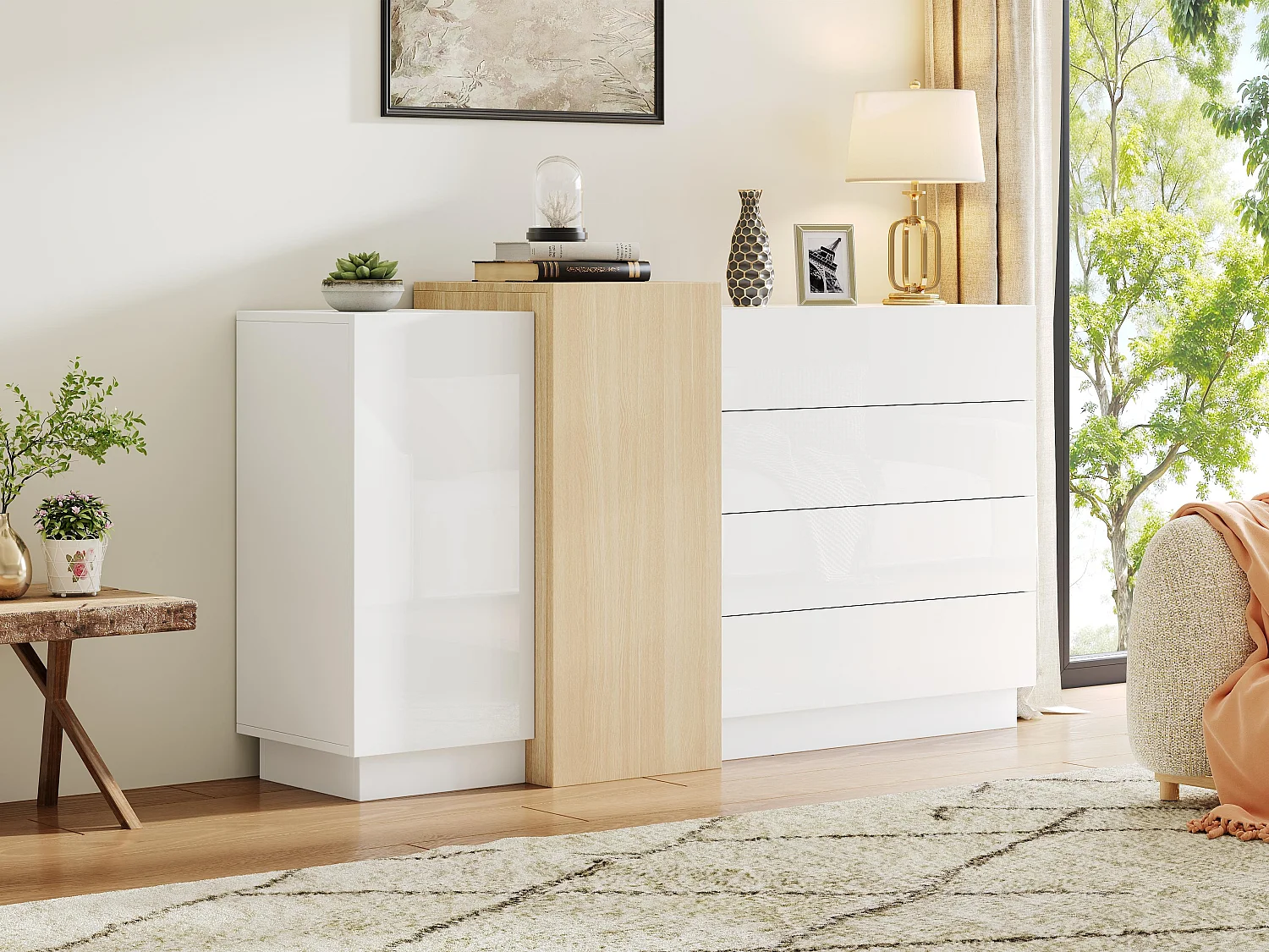 Bufet błyszczący 140x35x81cm – z 2 drzwiami – z 4 szufladami – MDF – biały 4029545
