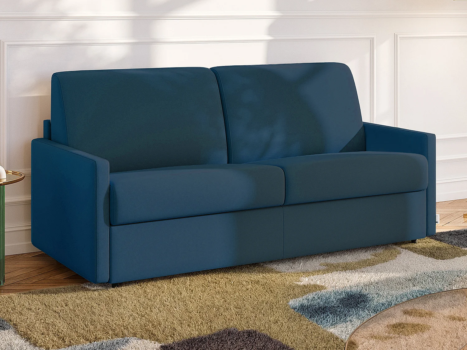 Kanapa 2-osobowa rozkładana typu express z ciemnoniebieskiej tkaniny z siedziskiem z pianki z pamięcią kształtu - Powierzchnia 120 cm - Materac 14 cm CALIFE 2912021 - obrazek 1