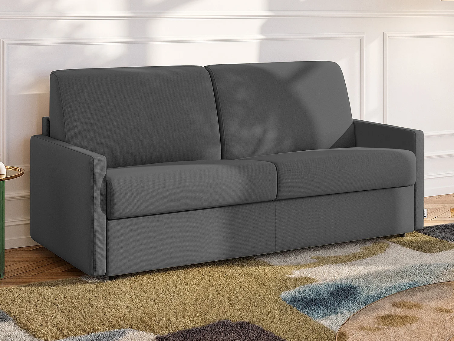 Kanapa 3-osobowa rozkładana typu express z szarej tkaniny z siedziskiem z pianki z pamięcią kształtu – Pow. spania 140 cm – Materac 18 cm CALIFE 2912065