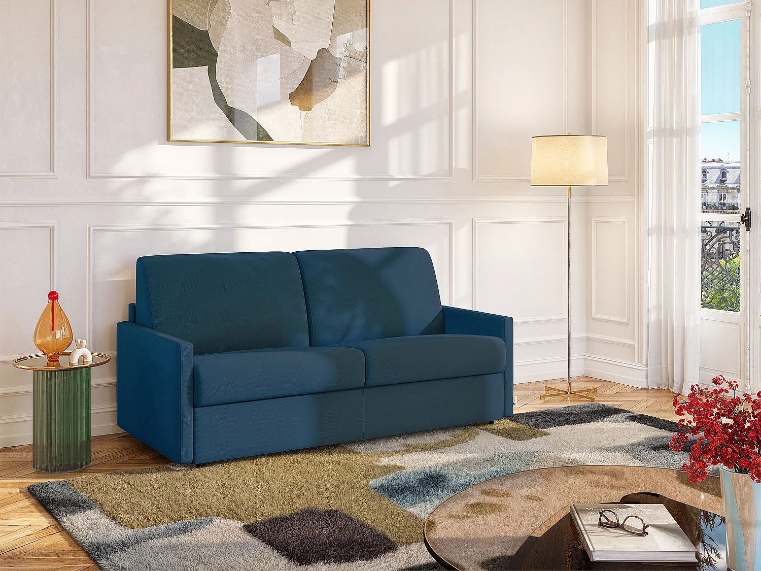 Kanapa 3-osobowa rozkładana typu express z granatowej tkaniny z siedziskiem z pianki z pamięcią kształtu - Pow. spania 140 cm - Materac 14 cm CALIFE 2912056 - obrazek 1