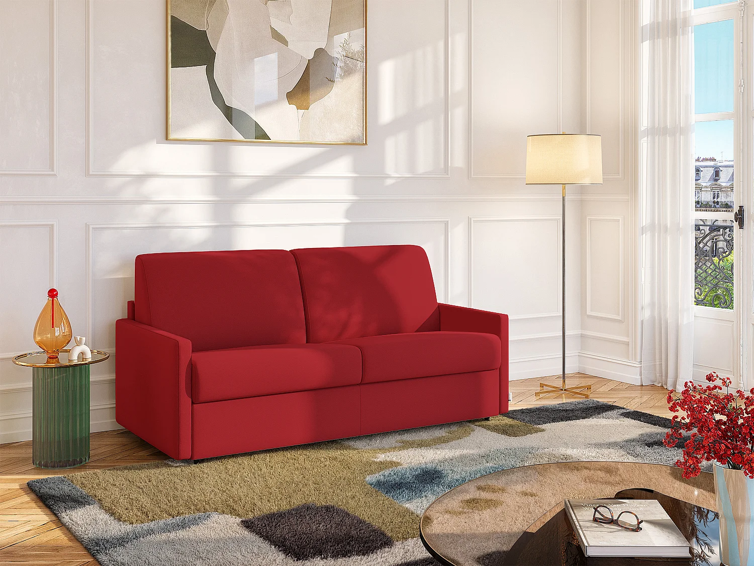 Kanapa 3-osobowa rozkładana, czerwona, z siedziskiem z pianki z pamięcią kształtu - Pow. spania na szerokich listwach 140 cm - Materac 14 cm CALIFE 2912047 - obrazek 1