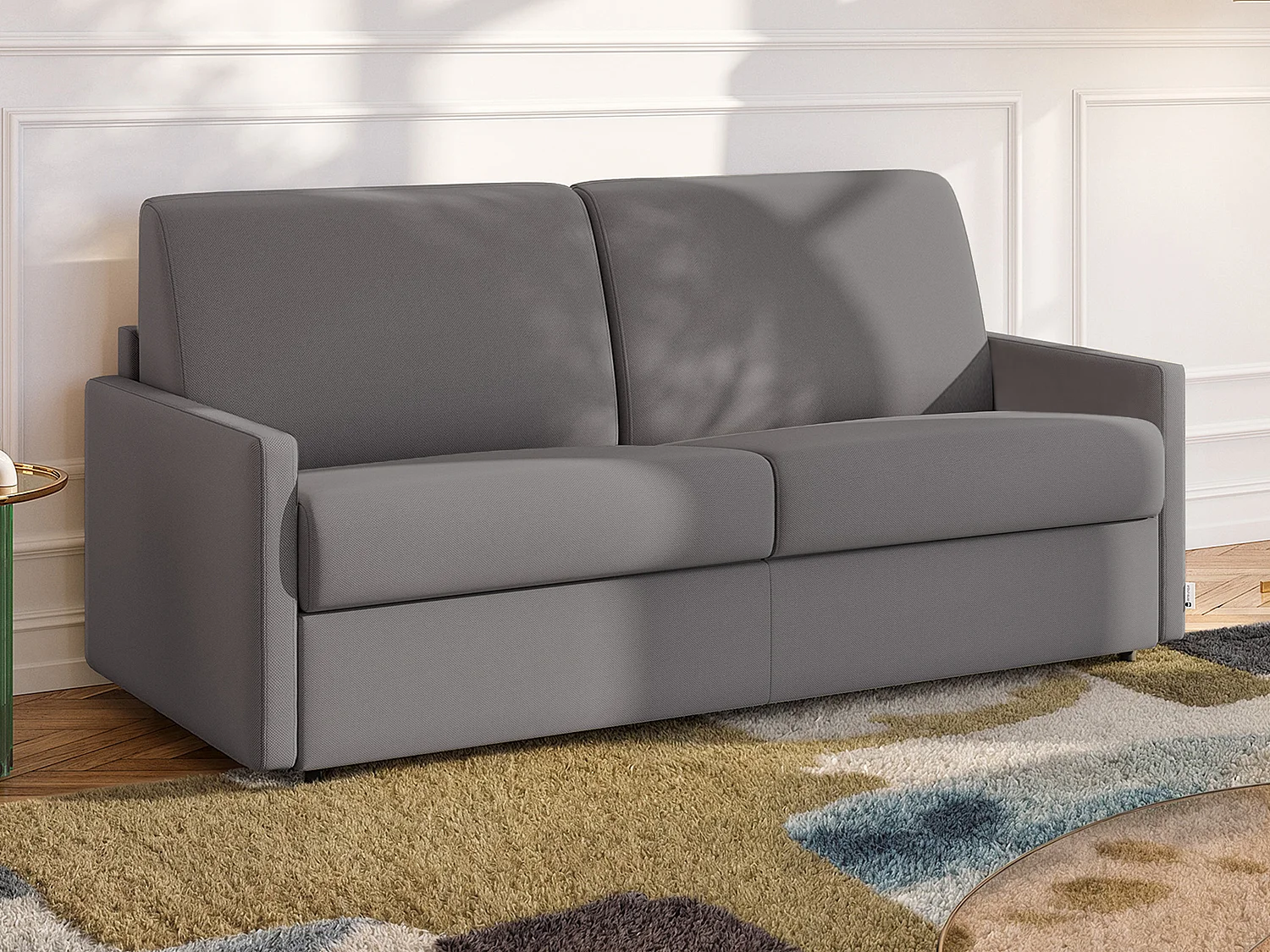 Kanapa 3-osobowa rozkładana typu express z jasnoszarej tkaniny z siedziskiem z pianki z pamięcią kształtu - Pow. spania 140 cm - Materac 14 cm CALIFE 2912059 - obrazek 1
