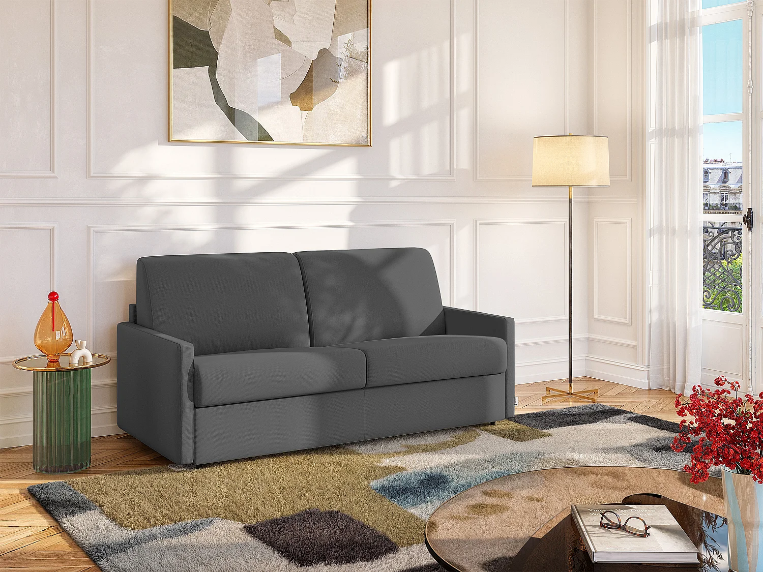Kanapa 4-osobowa rozkładana typu express z szarej tkaniny z siedziskiem z pianki z pamięcią kształtu - Powierzchnia 160 cm - Materac 14 cm CALIFE 2912093 - obrazek 1