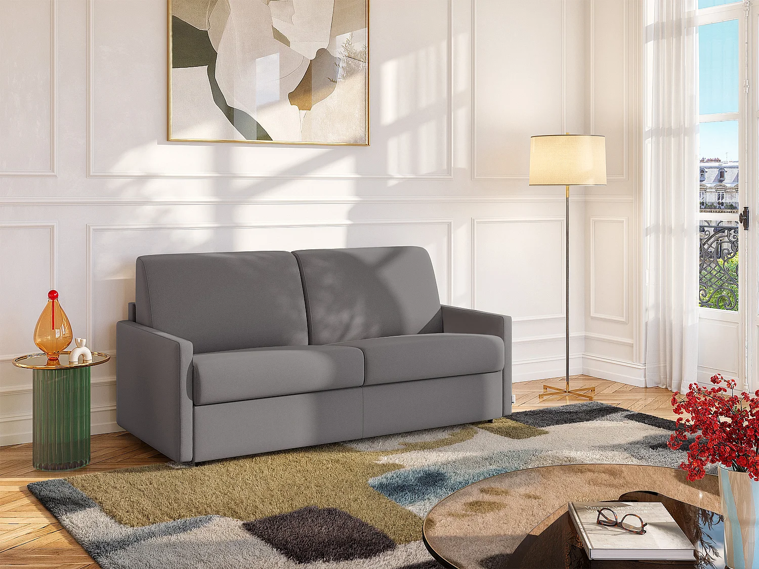 Kanapa 4-osobowa rozkładana typu express z jasnoszarej tkaniny z siedziskiem z pianki z pamięcią kształtu - Pow. spania 160 cm - Materac 14 cm CALIFE 2912094 - obrazek 1