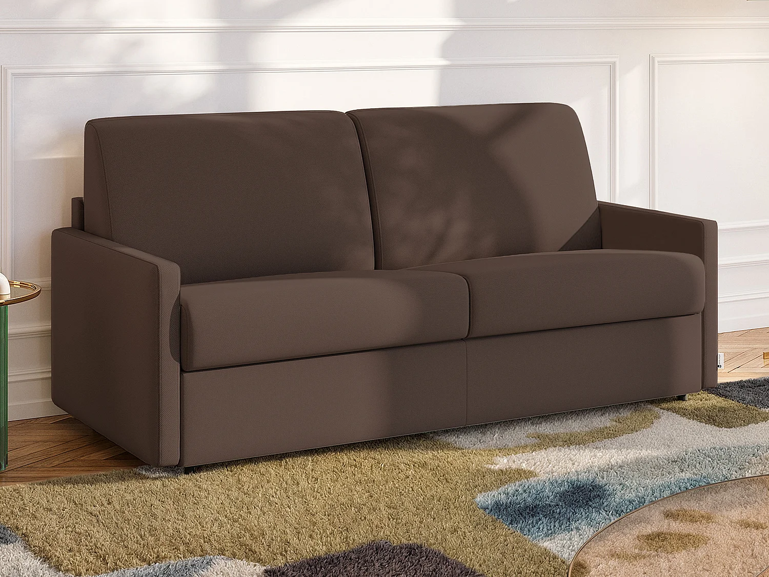 Kanapa 4-osobowa rozkładana typu express z brązowej tkaniny z siedziskiem z pianki z pamięcią kształtu - Powierzchnia 160 cm - Materac 18 cm CALIFE 2912102 - obrazek 1
