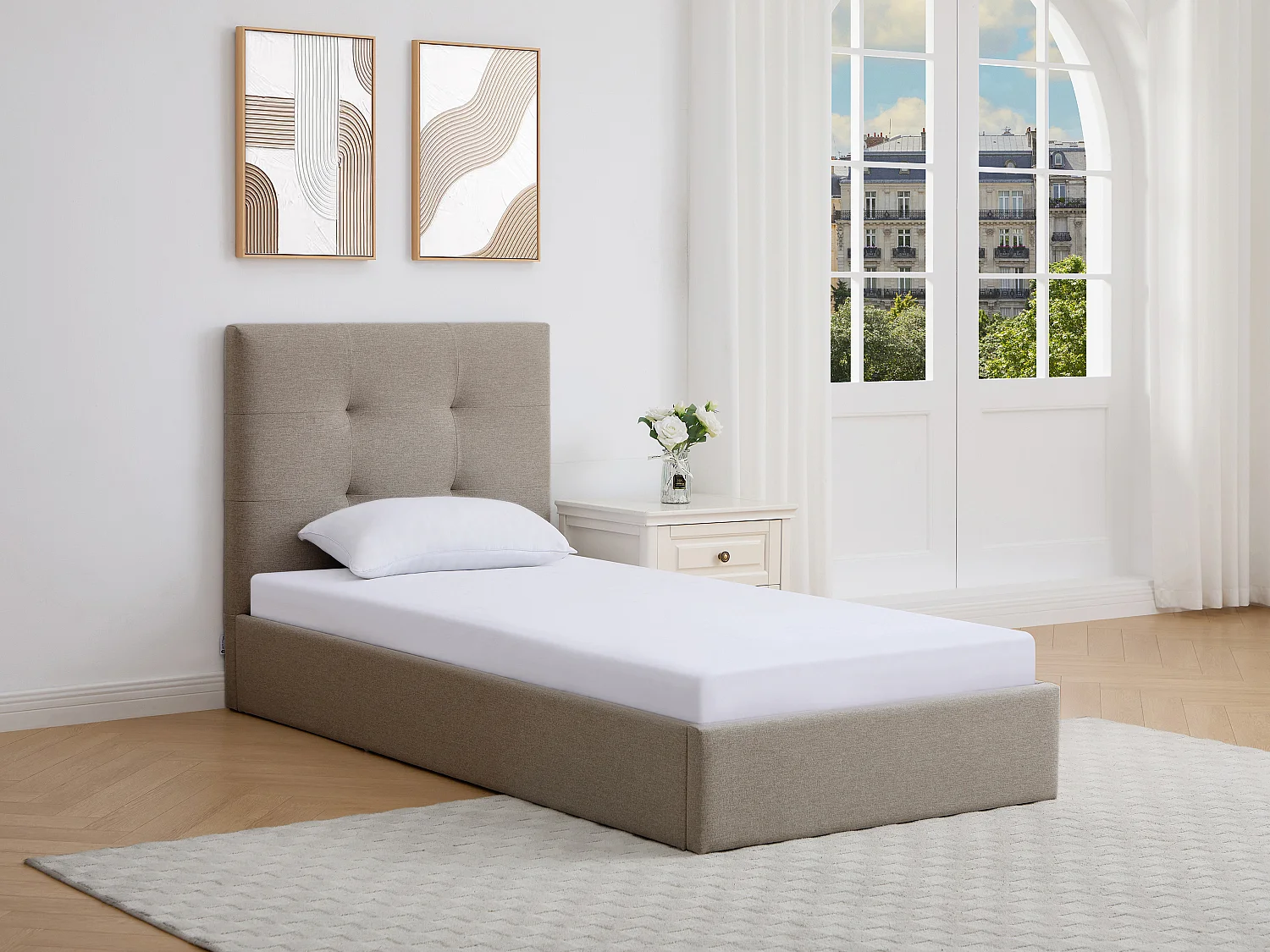 Łóżko z pojemnikiem 90 x 190 cm – Tkanina – Taupe – CALINIDA 4740101 - obrazek 1