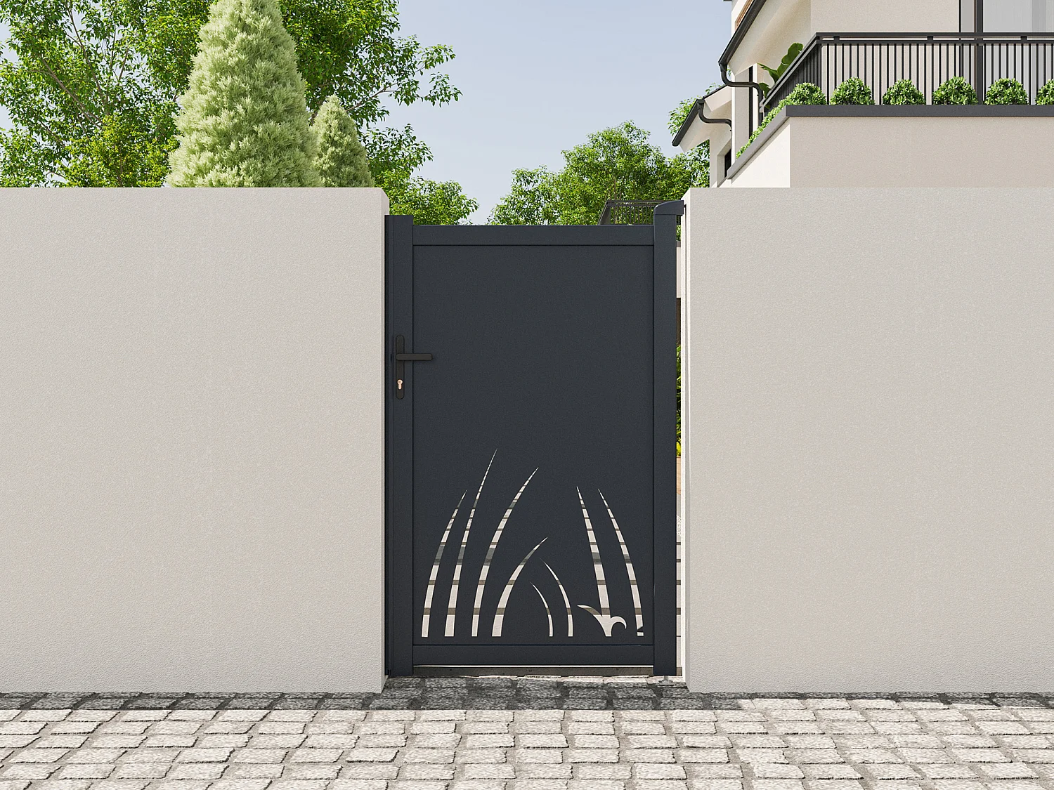 Brama skrzydłowa z aluminium z motywem roślinnym wyciętym laserowo – L103 x H166 cm – antracyt – BRAMENO 4746482