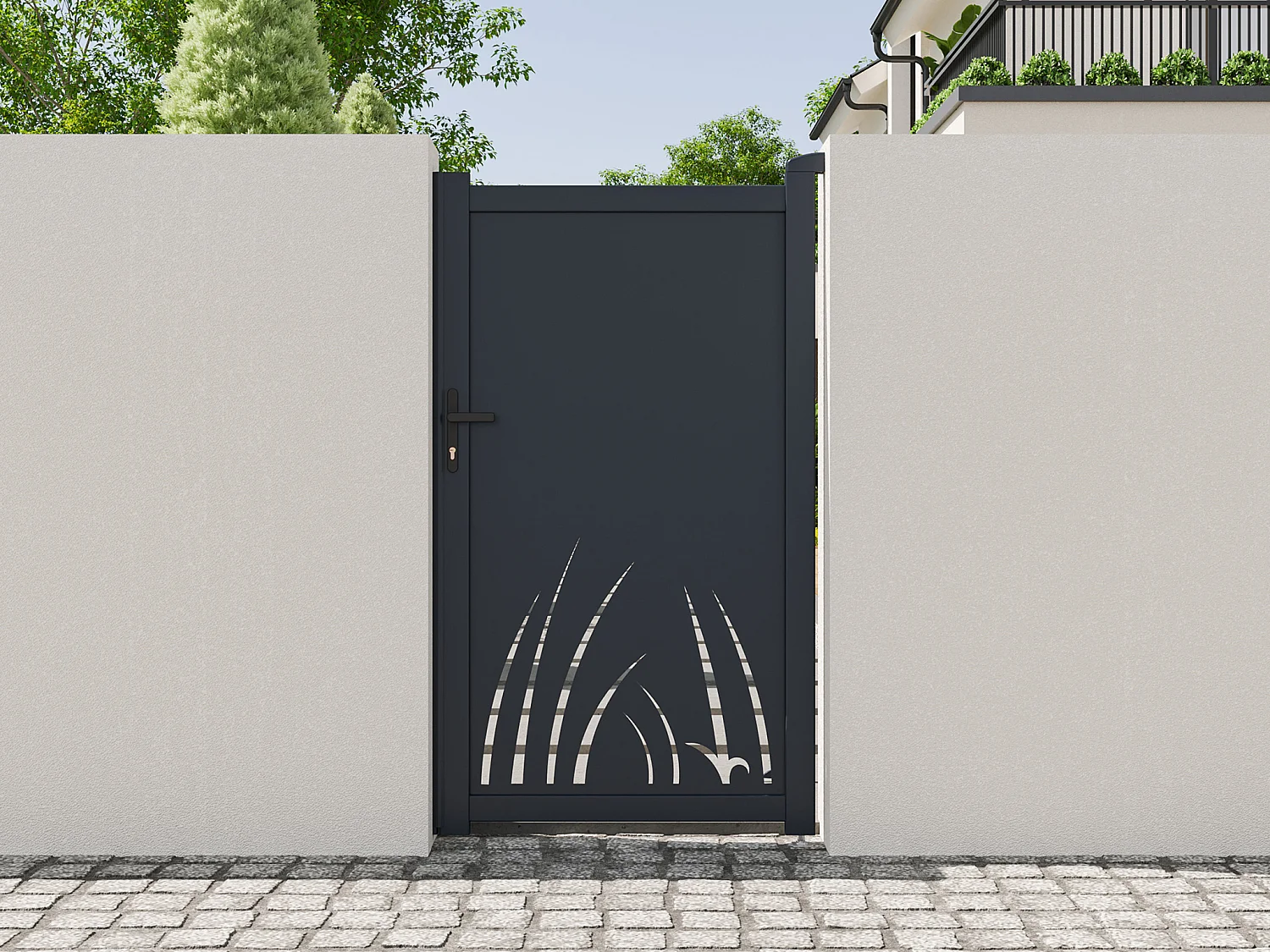Furtka aluminiowa uchylna z motywem roślinnym wyciętym laserowo – szer. 103 x wys. 181 cm – antracyt – BRAMENO 4746485