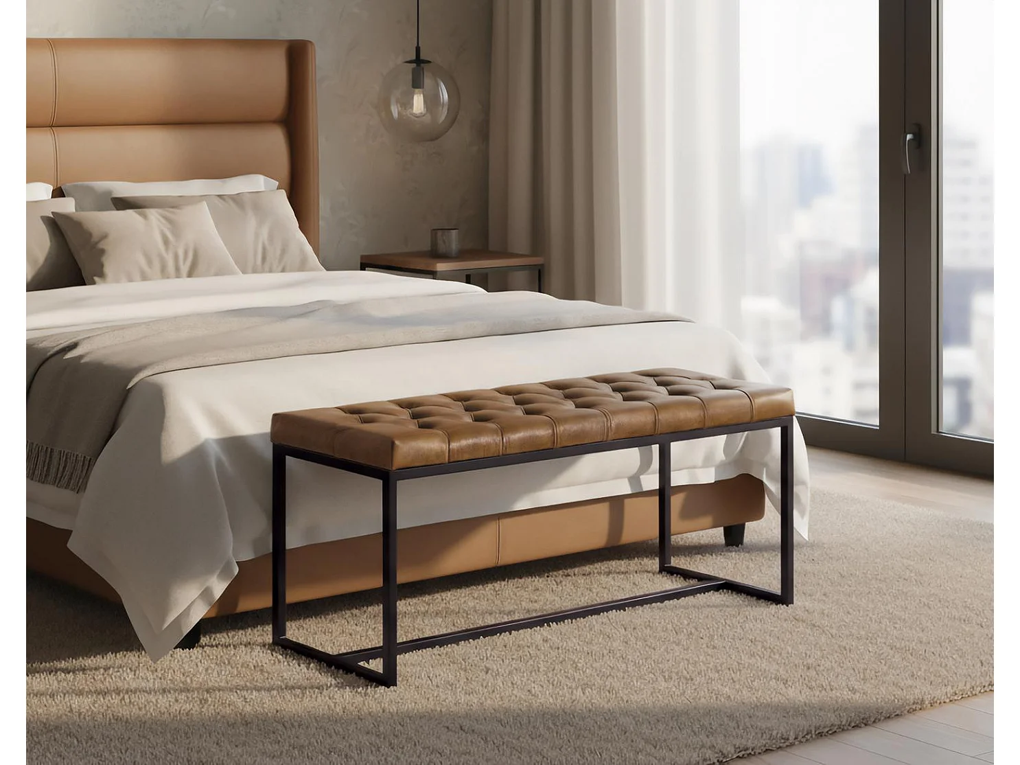 Banc avec assise rembourrée en cuir et pieds en fer 4725495 - obrazek 1