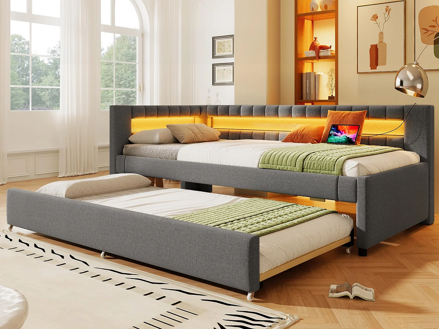 Kanapa rozkładana 90x200 cm - z oświetleniem LED - z łóżkiem wysuwanym - z portami USB + TYPE-C - len - szary (materac nie jest w zestawie) 4182119 - obrazek 1