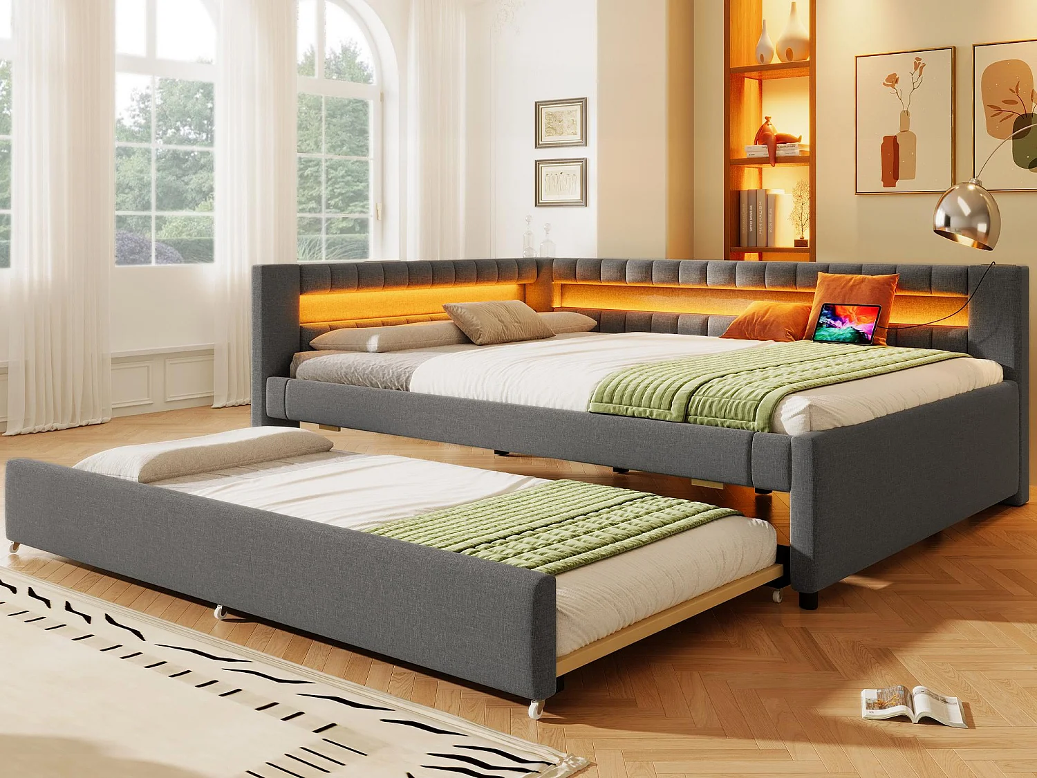 Kanapa rozkładana 140x200 cm - z oświetleniem LED - z łóżkiem wysuwanym - z portami USB + TYPE-C - len - szary (materac nie jest w zestawie) 4182124 - obrazek 1