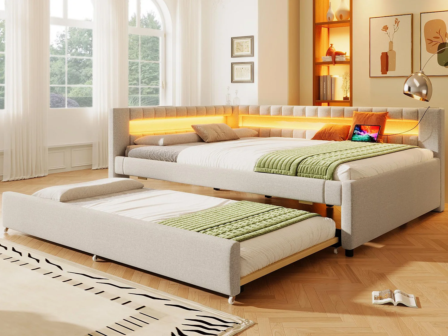Kanapa rozkładana 140x200 cm - z oświetleniem LED - z łóżkiem wysuwanym - z portami USB + TYPE-C - len - beżowy (materac nie jest w zestawie) 4182112 - obrazek 1