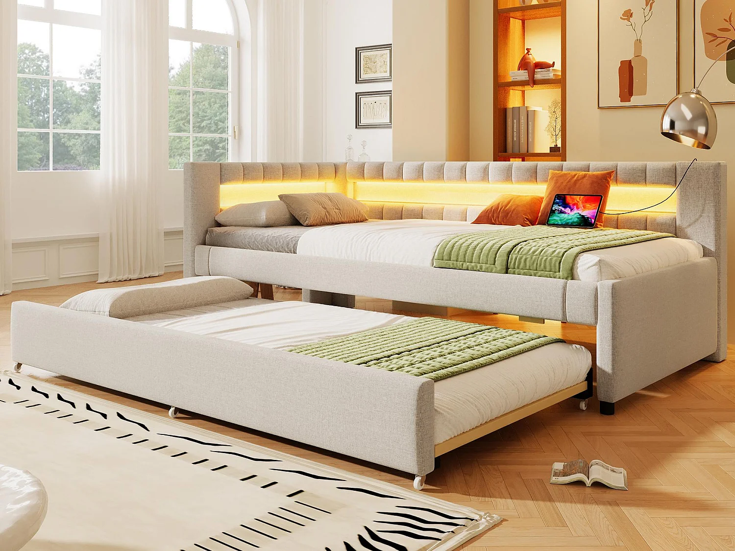 Kanapa rozkładana 90x200 cm - z oświetleniem LED - z łóżkiem wysuwanym - z portami USB + TYPE-C - len - beżowy (materac nie jest w zestawie) 4182117 - obrazek 1