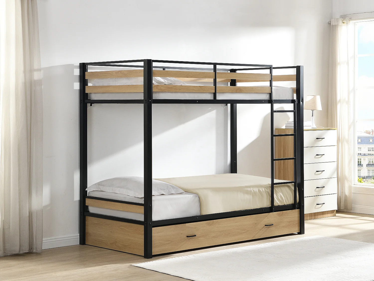 Łóżko piętrowe 2 x 90 x 190 cm - 1 szuflada - Metal i MDF - Kolor: Naturalny i czarny - CASIDIA 4274289 - obrazek 1
