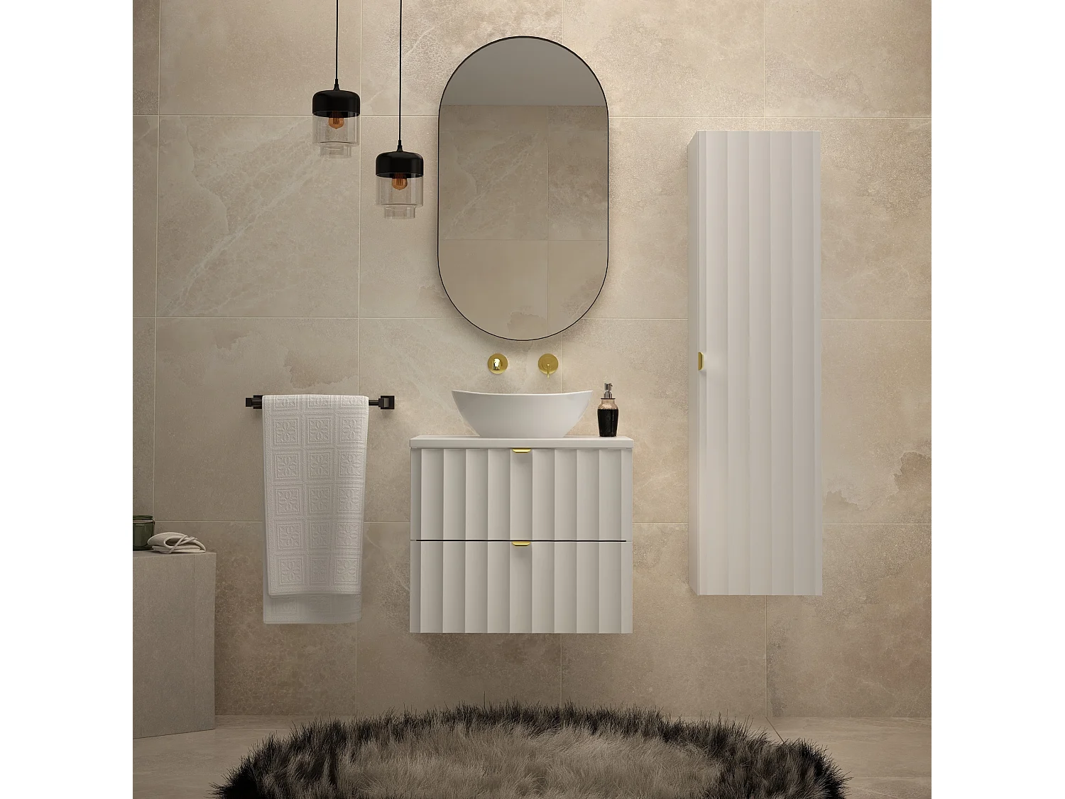 Biały Zestaw Łazienkowy 60cm Szafka z Blatem Ryflowane Fronty Arcos 4580150