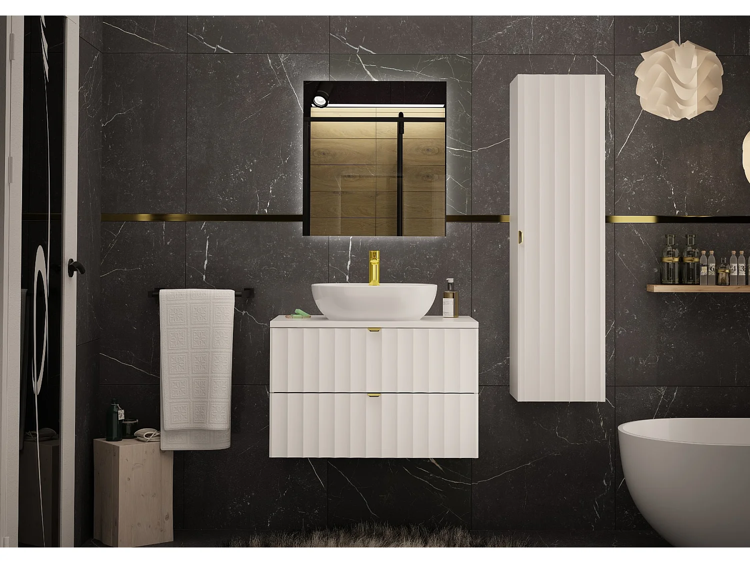 Biały Zestaw Łazienkowy 80cm Szafka z Blatem Ryflowane Fronty Arcos 4580171