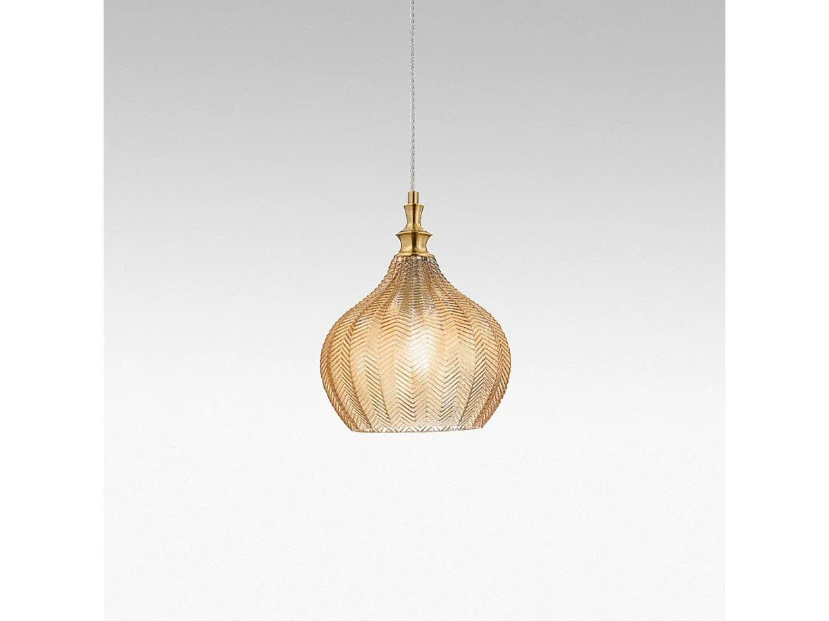 Cleofe – Lampa wisząca z przezroczystego bursztynowego szkła i mosiądzu – gniazdo 1XE27, styl vintage, IP20, 1XE27 maks. 1X60W, śr. 23 cm, żarówki nie są dołączone 4105080