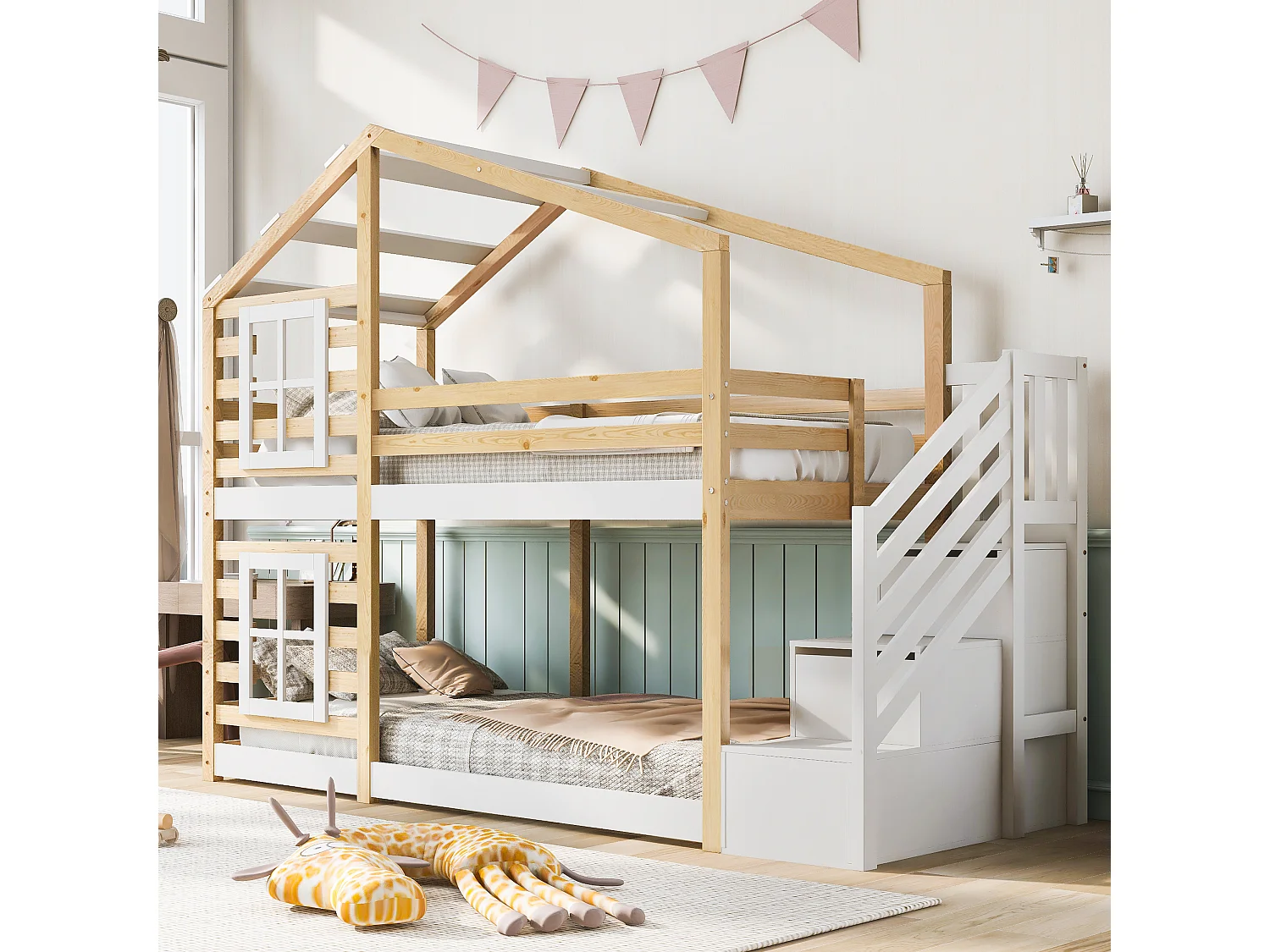 Łóżka piętrowe dla dzieci – 2 x 90 x 200 cm – ze schodkami do przechowywania + okno + dach – Drewno + MDF – Białe + naturalne 4869044