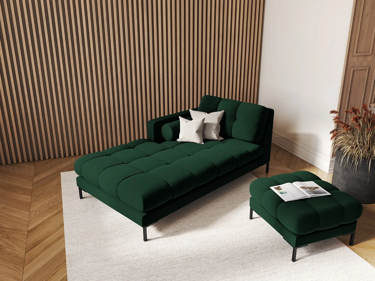 Cosmopolitan Design – Szezlong bok lewy, „Bali” welur, zielony butelkowy – 185x102x75cm 3741976