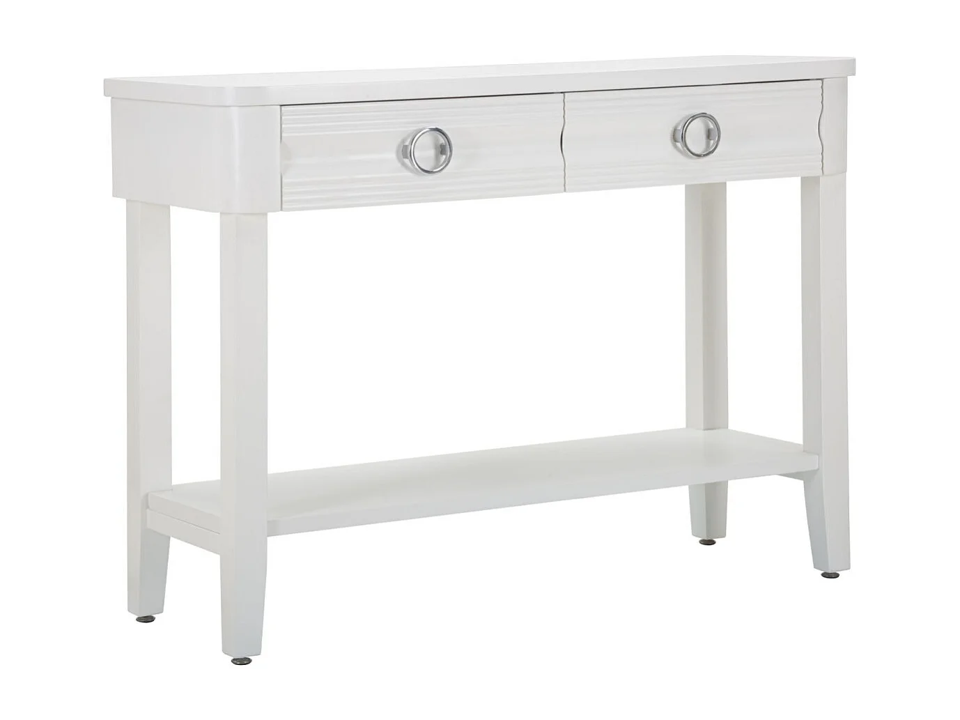 Konsola Shine 110x40x82 cm z białego drewna – Szafka z 2 szufladami i półką – Estetyczne linie i nowoczesny design – Konstrukcja z drewna jodłowego i płyty MDF 3697092