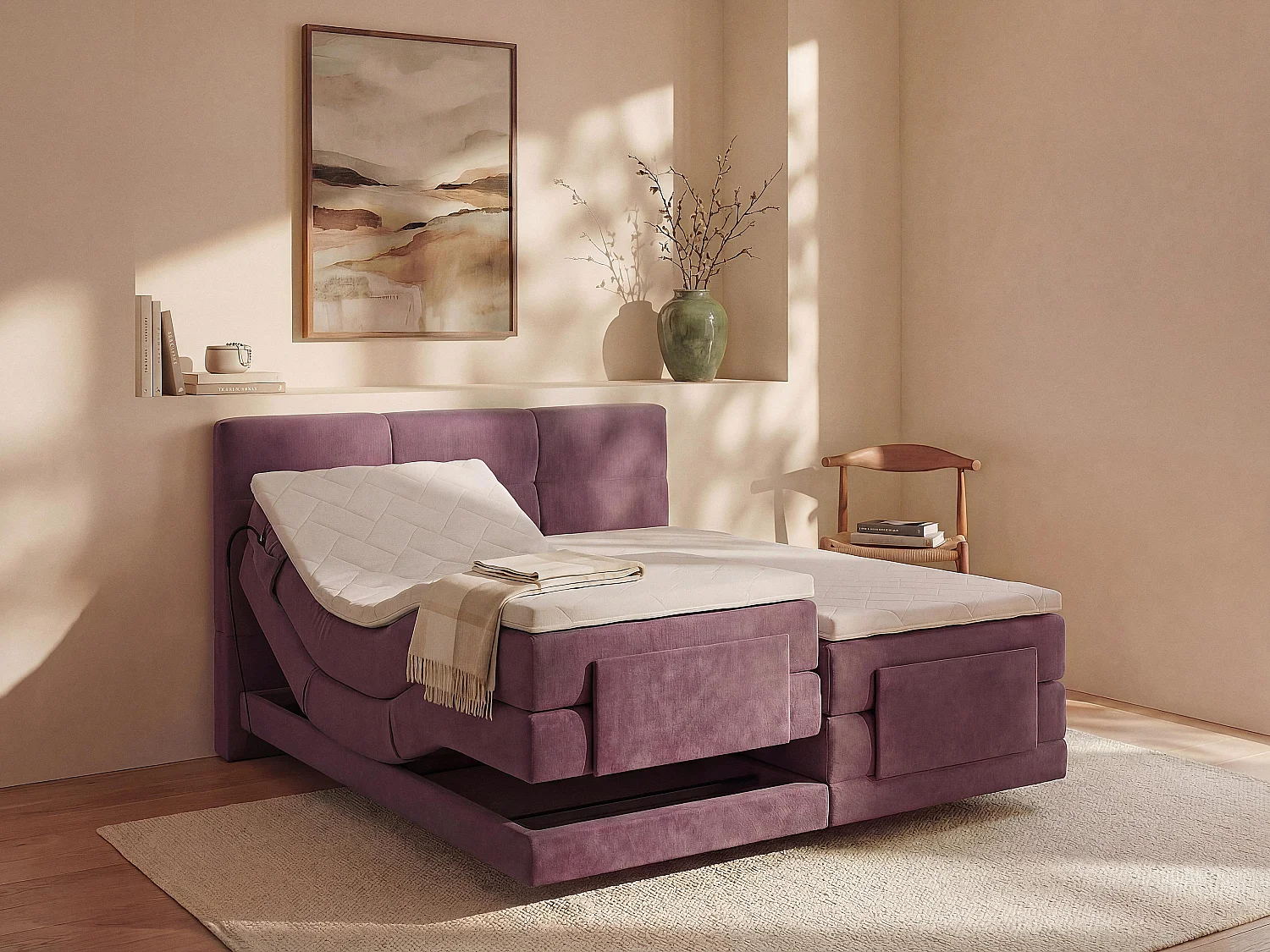 Kompletny zestaw boxspring z pikowanym zagłówkiem + stelaże z elektryczną regulacją + materac + materac nawierzchniowy - 2 x 90 x 200 cm - Tkanina - Bordowy - LODI de PALACIO 4543217 - obrazek 1